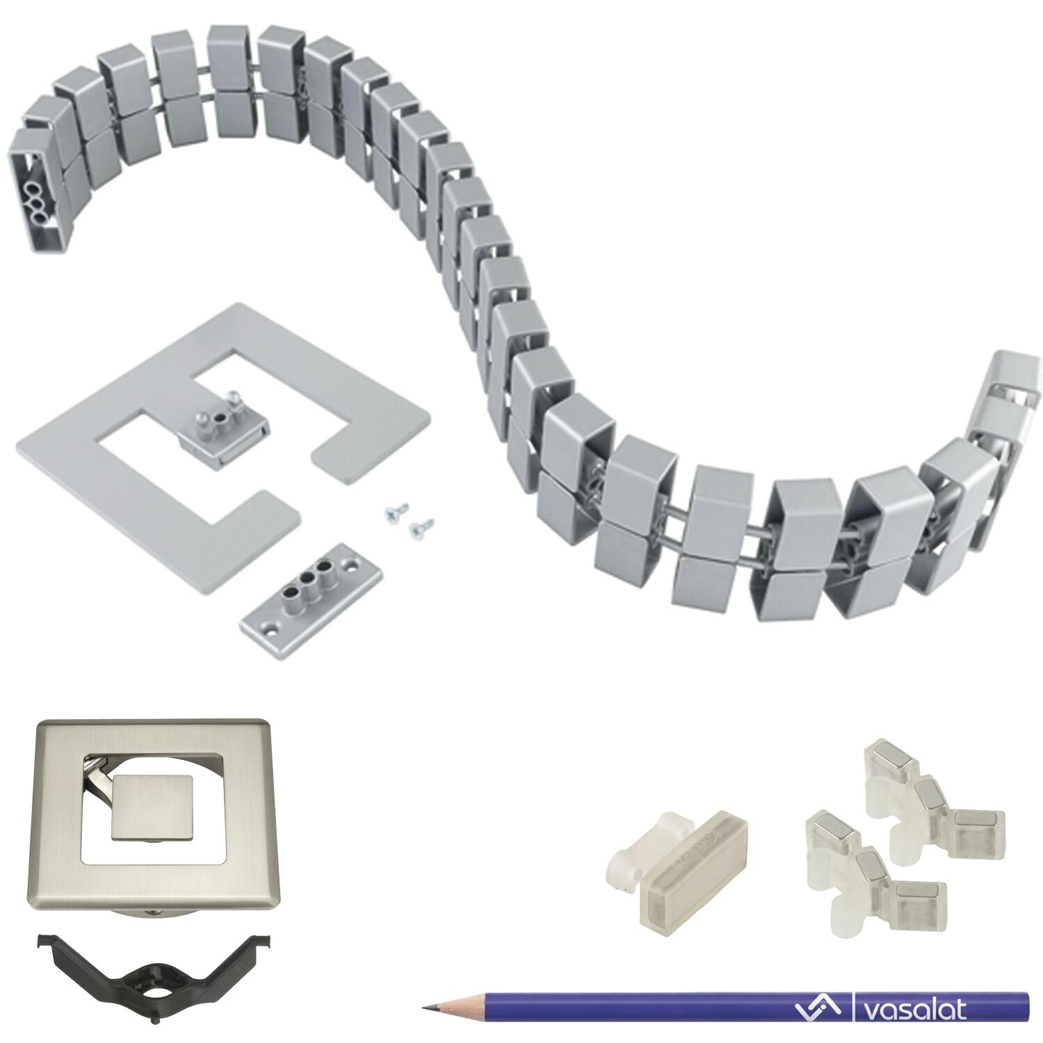 vasalat Set completo di passacavi da scrivania, con passacavi, 90 x 90 mm, canalina magnetica per cavi, clip di fissaggio e magneti, colore alluminio, lunghezza 580-750 mm