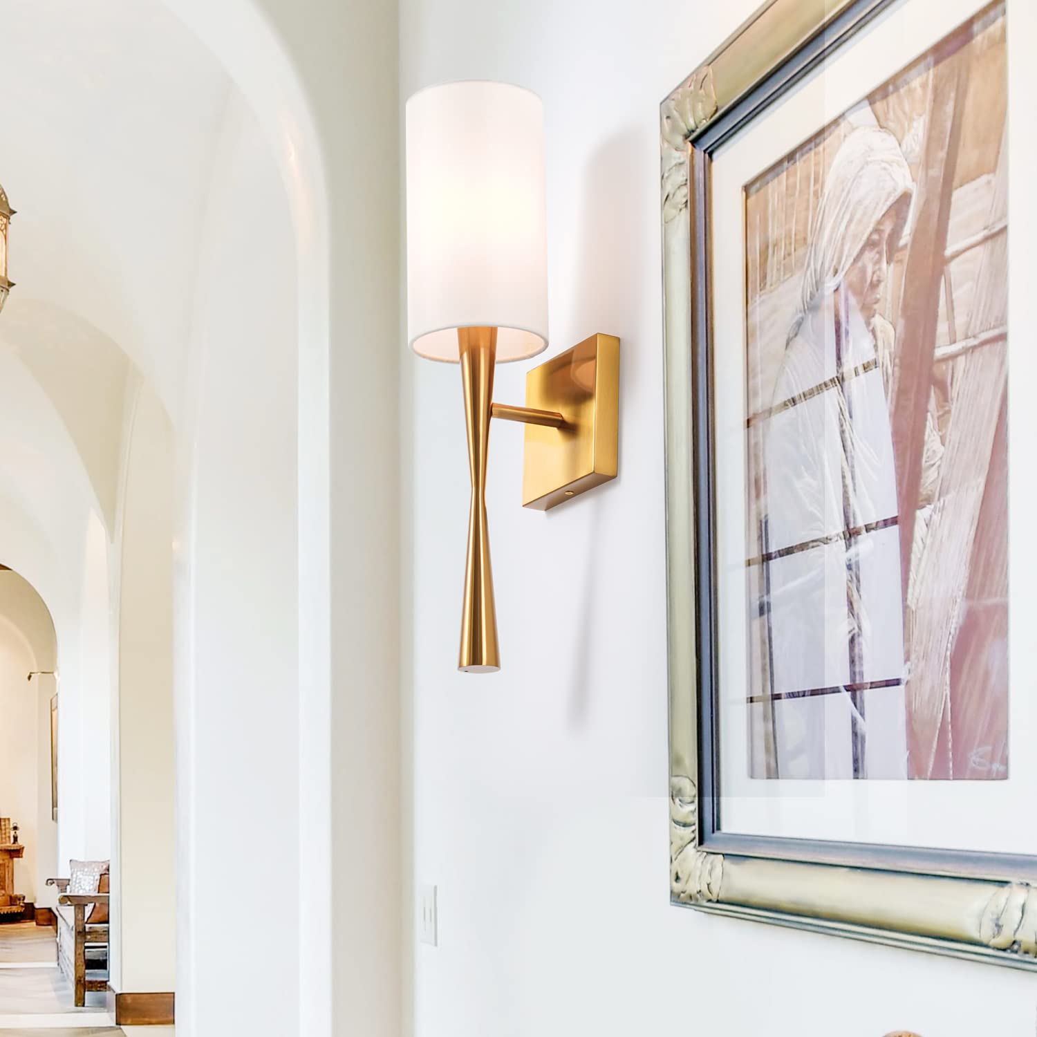 MhyTogn Modern Antique Brass Brush Paint Finish Wall Sconce Set of 2, with Creamy-White Fabric Straight Shade for Vanity Stairway Fireplace Kitchen Living Room Bedside