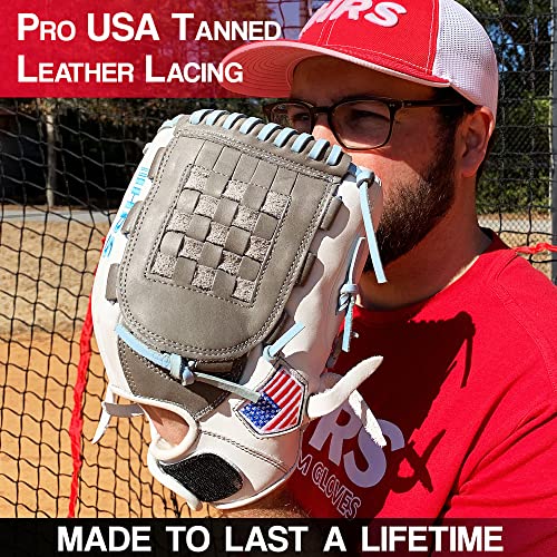Hit Run Steal Softball Glove - Right Hand Throw Pitcher Full Grain Leather Basket Web Glove - Gray White With Light Blue Laces - Perfect For Softball Players (12 Inch) #TOP6