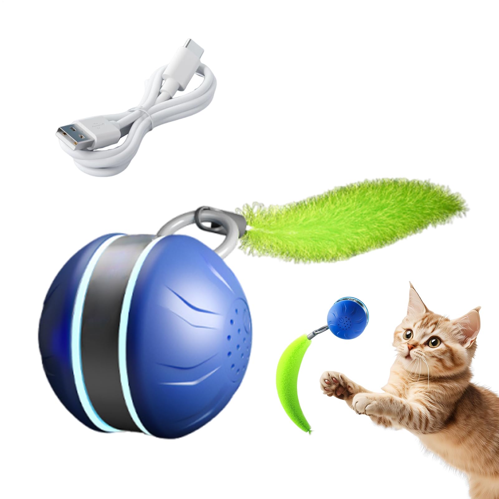 Balle pour chat rechargeable Type-C avec 2 vitesses et queue stimulante