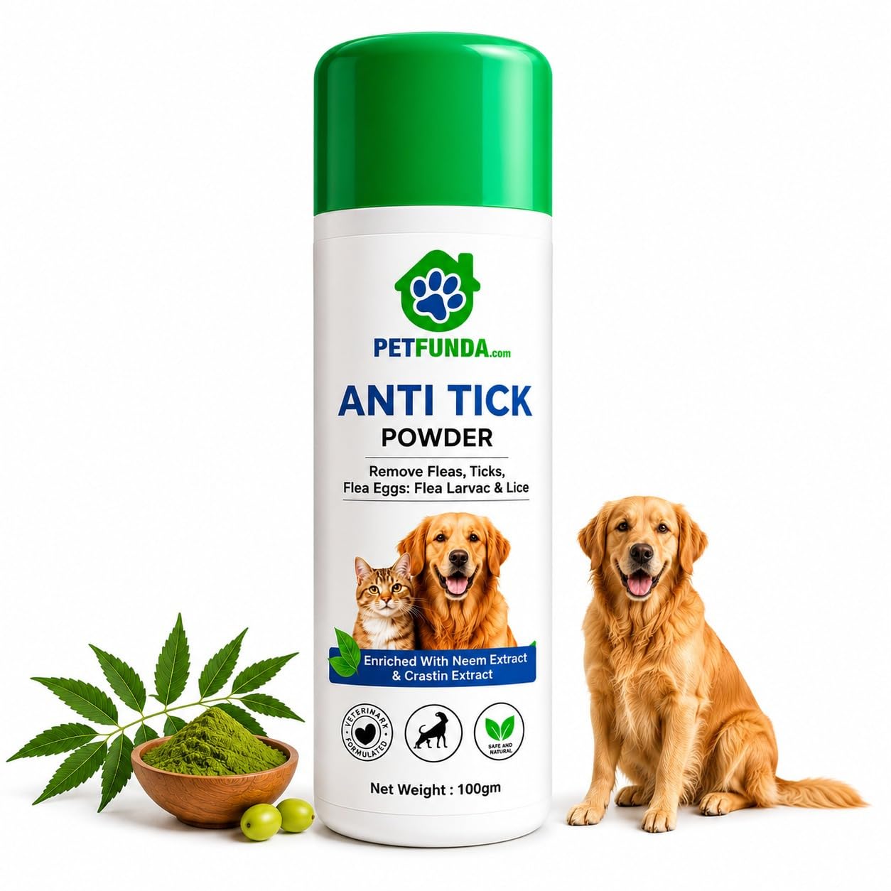 Petfunda Anti Tick Powder for Dogs & Cats –Neem & Sandalwood Formula | Flea & Tick Repellent | Safe for All Breeds| Soothes Itchy Skin | Chemical-Free Herbal Anti-Tick Powder – 100GM