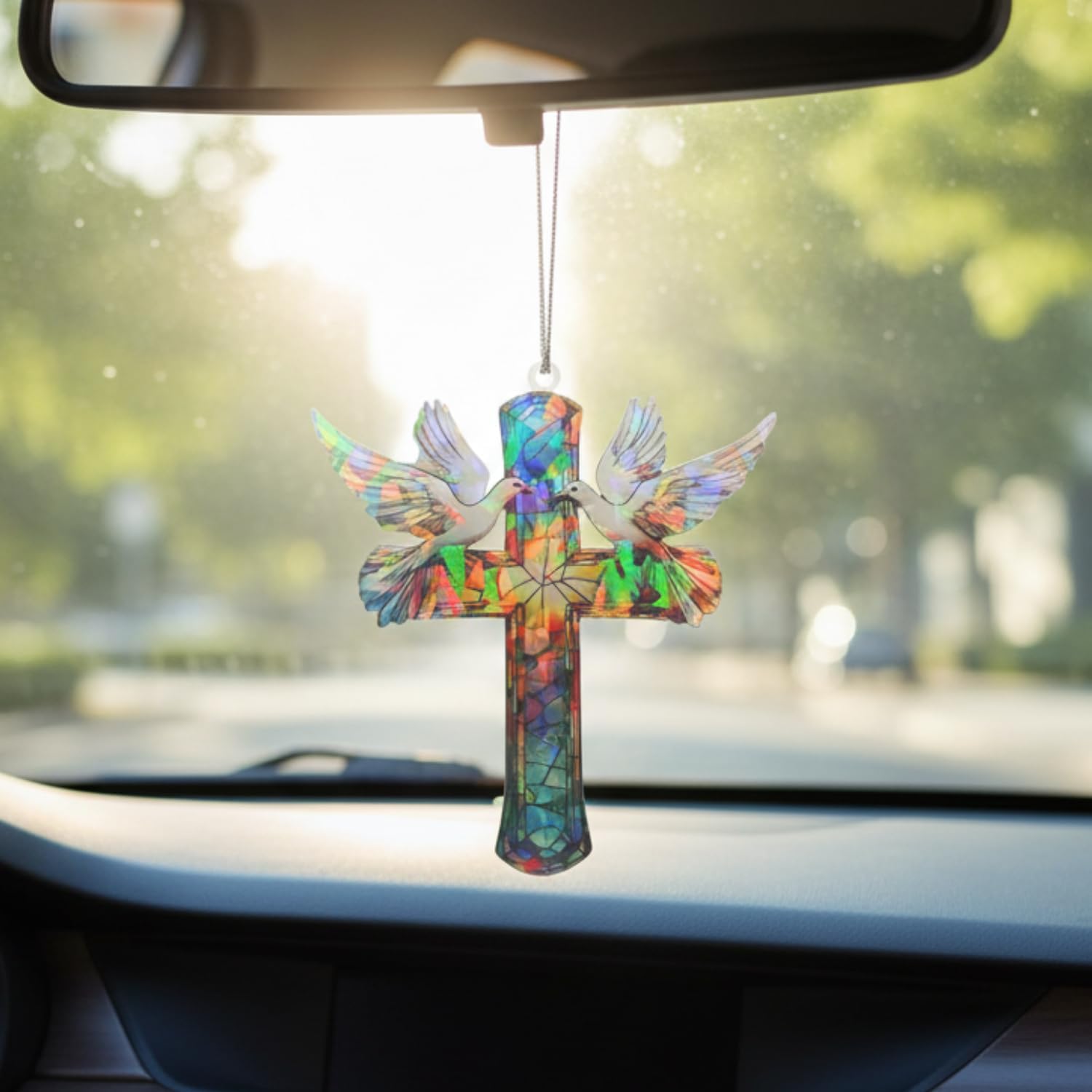 Christian Gifts for Women - Memorial Gifts - Cross Decor – Hologram Acrylic Suncatcher Hanging Decoration – Shimmering Cross with Doves for Window, Christmas Tree, Religious Gifts, Gifts for Mom Girl - Image 5