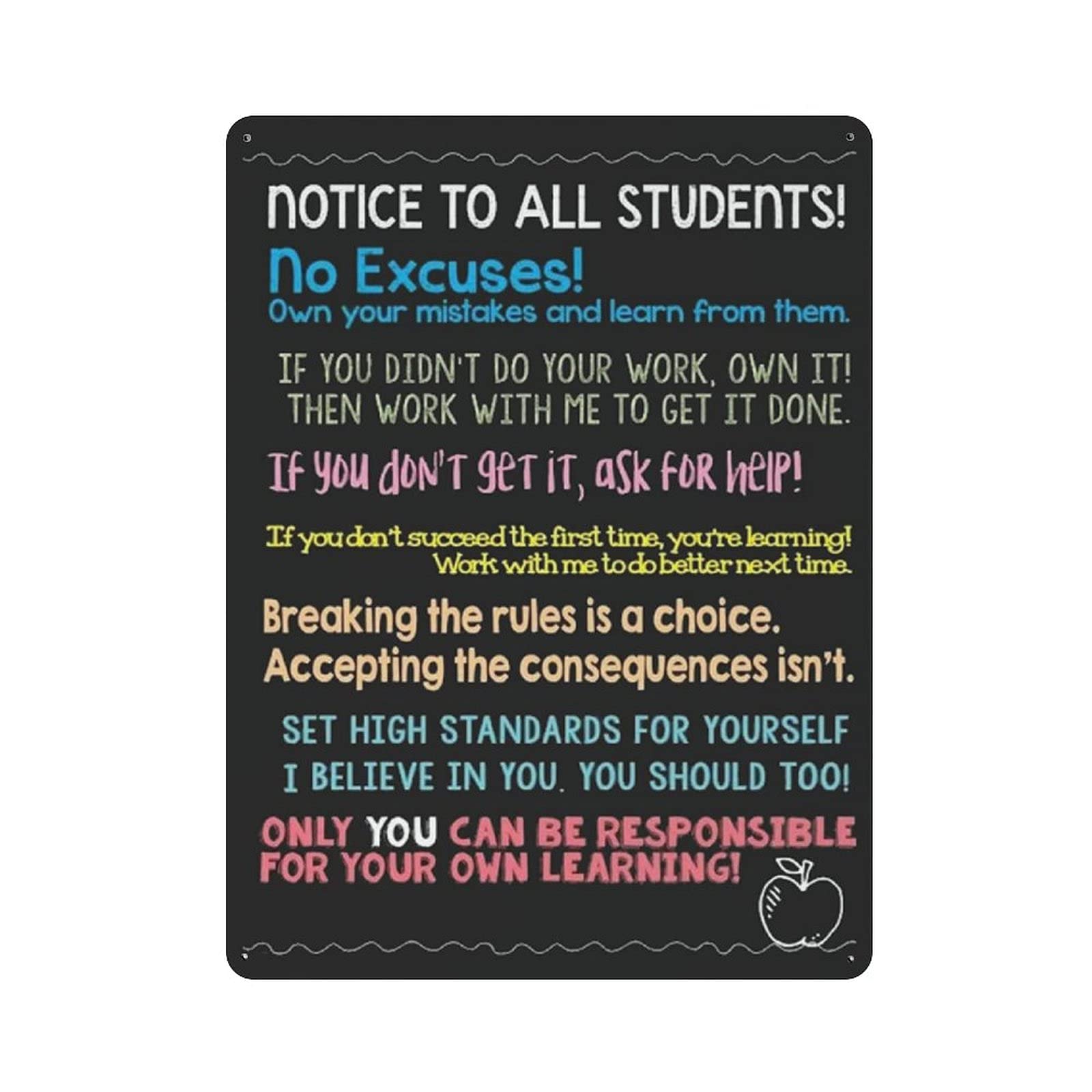 rayprint Notice to All Student No Excuse Student Rules Metal Tin Sign Artwork Poster Outdoor Sign Vintage Decor Plaque Poster Cave Garage Pub Bar Kitchen Home Decoration 16"x12"
