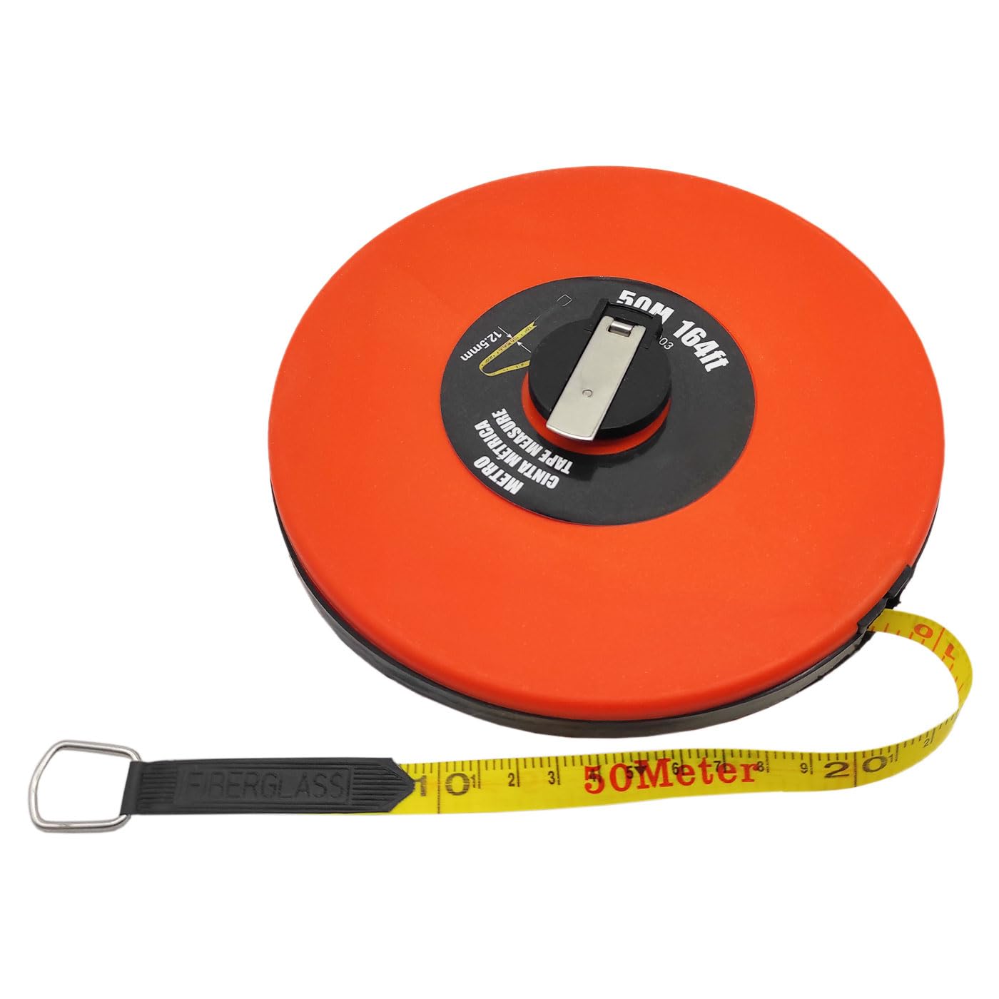 Tradineur - Cinta métrica con funda redonda de plástico, incluye anilla y manivela para enrollar, fibra de vidrio, anchura de 12,5 mm, versátil, bricolaje - 50 metros