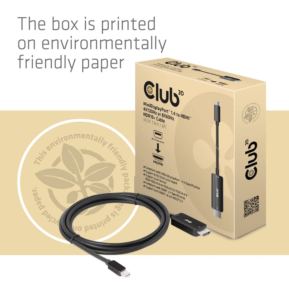 Club 3D CAC-1187 MiniDisplayPort ™ 1.4 na HDMI™ 4K120Hz lub 8K60Hz HDR10+ kabel 1,8 m szt./szt.
