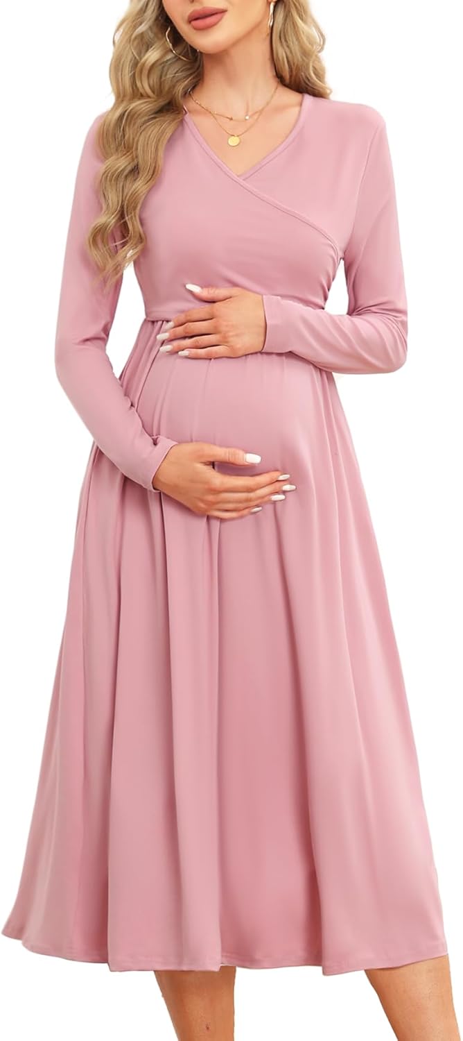 Women's 2024 Fall Patchwork Maternity Nursing Dress with Pockets Long Sleeve V Neck Clothes Midi Pregnancy Dresses