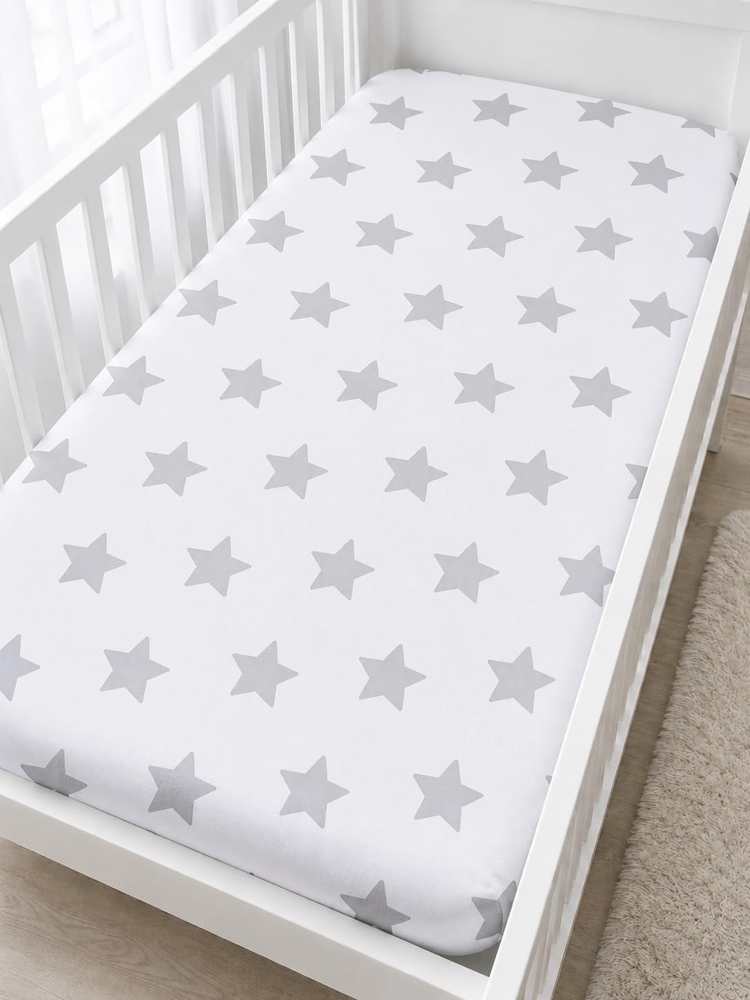 Babymam Big Grey Stars On White Background 100% Cotton Cot Sheets 120X60 Fitted With Printed Design Cot Bedding Travel Sheet Toddler Bed Crib Cotbed Sheets (Big Grey Stars On White Background)