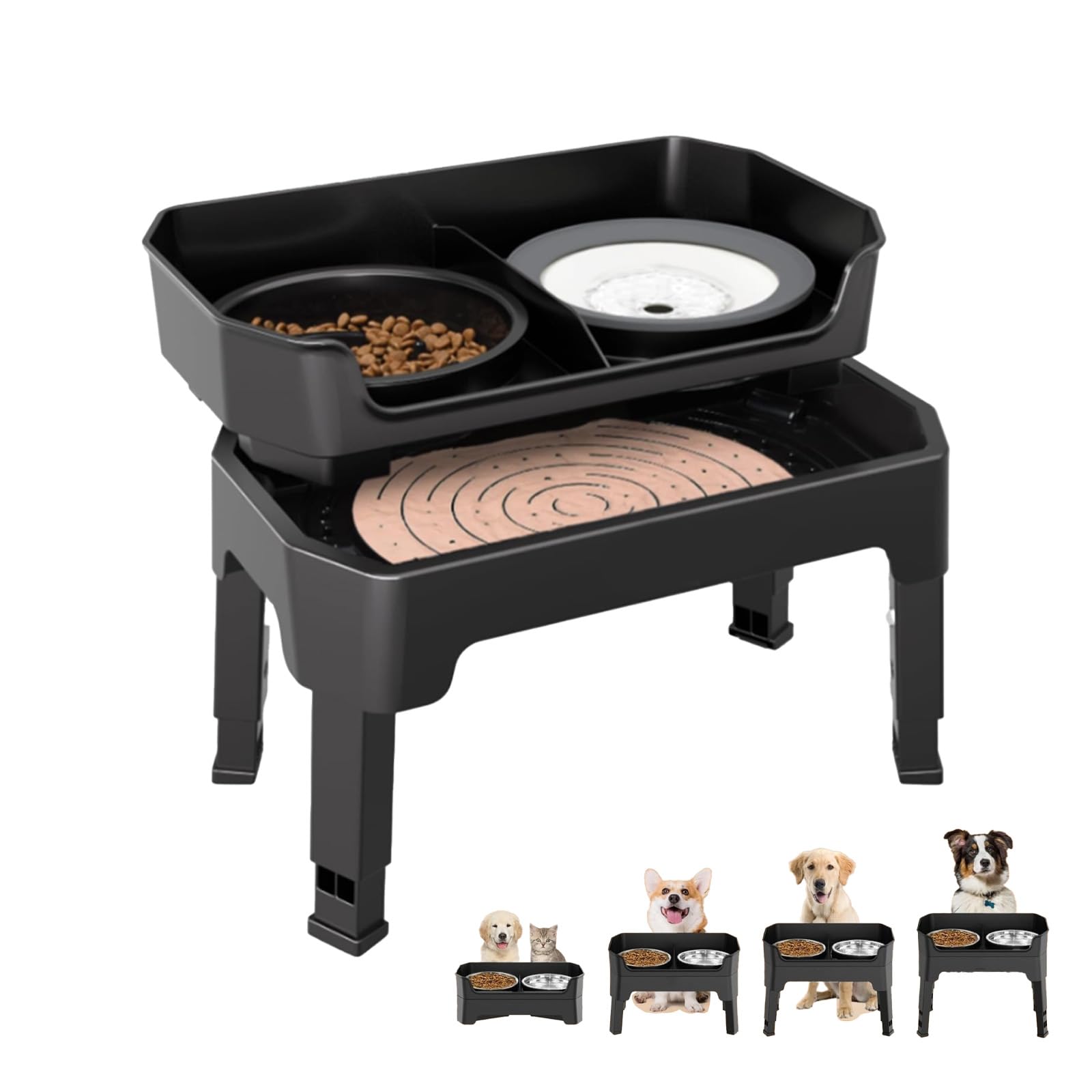 Cuenco elevado para perros, soporte elevado ajustable de 4 alturas con 2 cuencos y comedero lento, para perros grandes, medianos y pequeños (altura ajustable de 6.3 pulgadas, 11.4 pulgadas, 13