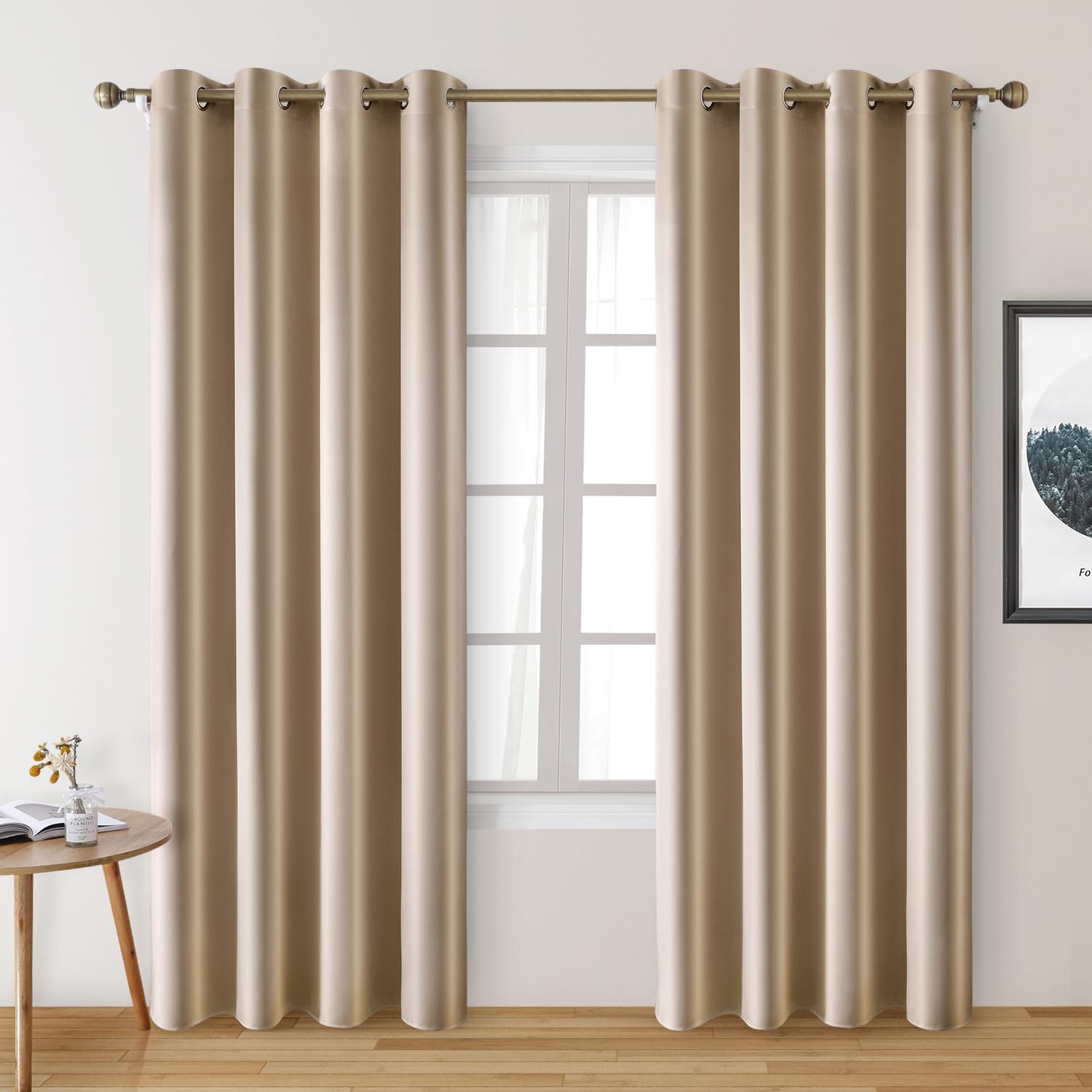 HOMEIDEAS 2 Panels Beige Faux Silk Curtains Champagne Gold Blackout Curtains for Bedroom 52 X 96 Inch Room Darkening Satin Drapes/Curtains, Thermal Insulated Blackout Window Curtains for Living Room