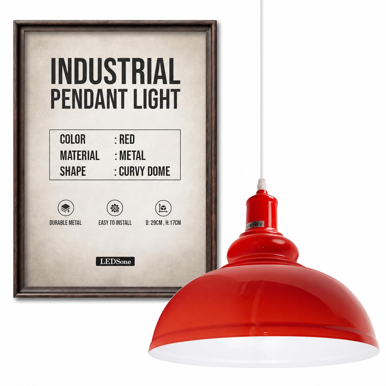 LEDSone Vintage Curvy Dome Pendant Light 29cm Red Ceiling Lamp
