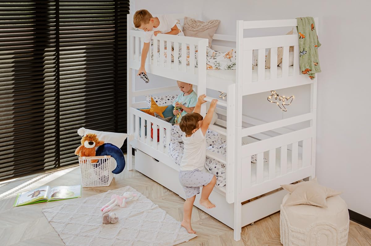 Hochbett 80x180 cm mit 2 Schubladen Etagenbett mit Rausfallschutz und Lattenrost, umbaubar in Zwei Kinderbetten, aus Vollholz massiv in weiß, Funktionsbett 80x180 cm von 3. bis 12. Lebensjahr