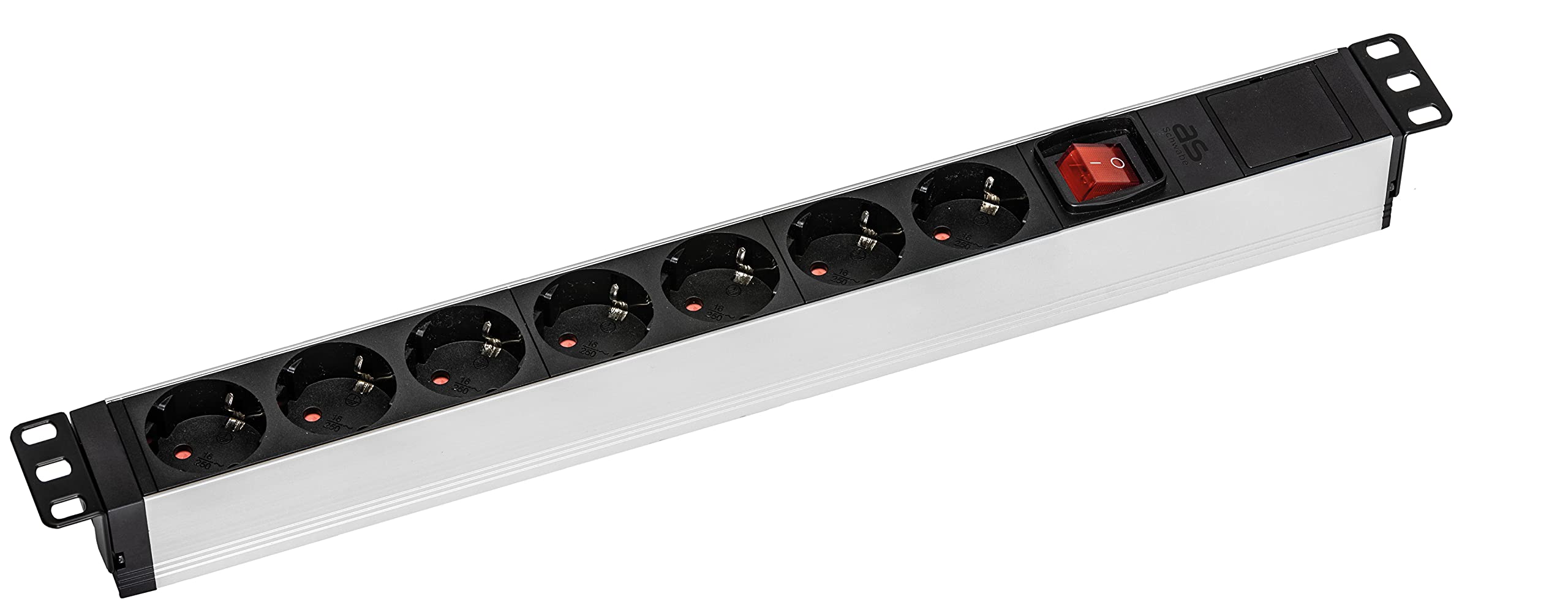 as - Schwabe Multi-Winkel Steckdosenleiste 7-fach ohne Kabel, 19“ RACK, für universellen Einbau in 19 Zoll Netzwerkschränke, 45°-Anordnung, IP20, Schwarz/Aluminium I 18195