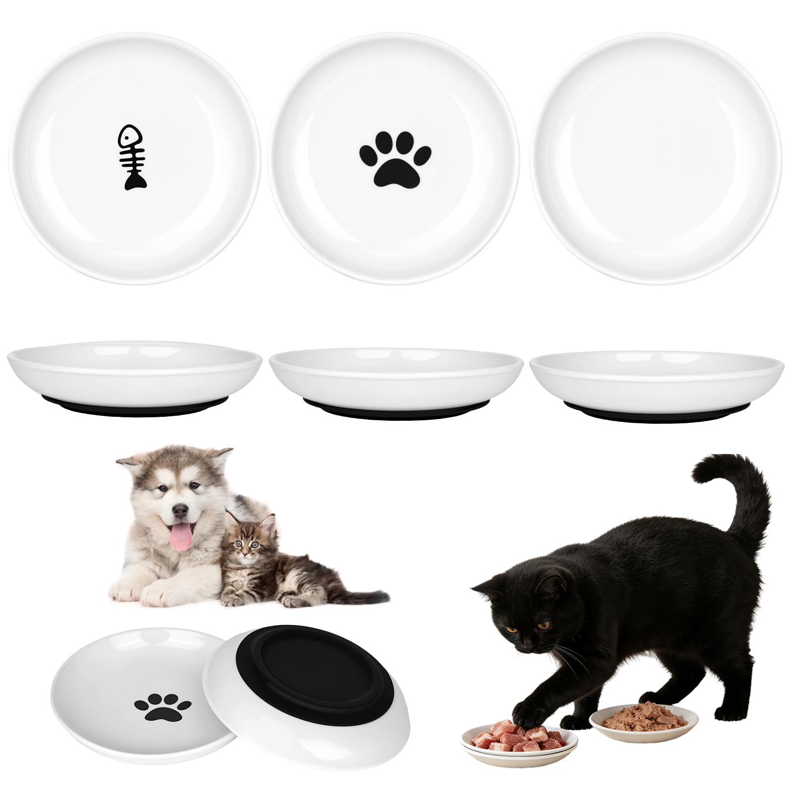 bssmmai 3 Pcs Ceramic Cat Bowl, Whisker Fatigue Shallow Cat Bowl with Non-Slip Silicone Base‌, (Cat Paws, Fish Bones, White)