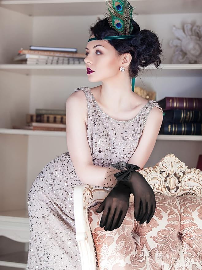 Black Lace Gloves for Women - 1920s Elegant Short Mesh Bridal Wedding Gloves for Tea Party, Dinner, Opera3