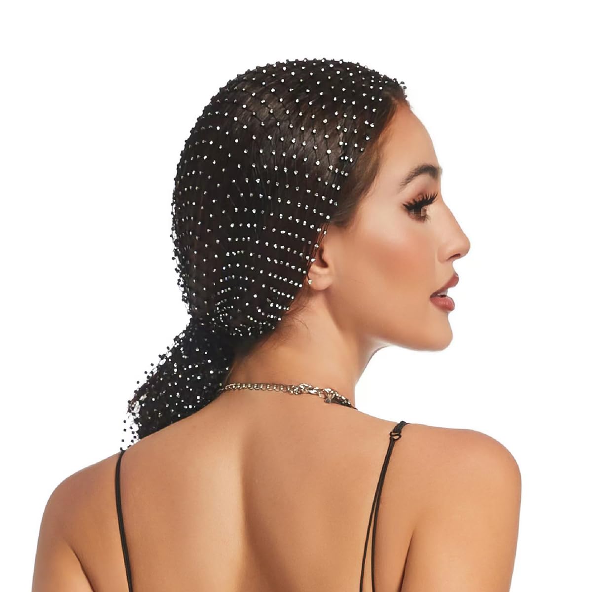 Women Black Mesh Rhinestones Headband Sparkly Head Scarf Glitter Fishnet Diamond Headpiece Crystal Nightclub Headwrap Rave Hair Accessories - Image 4