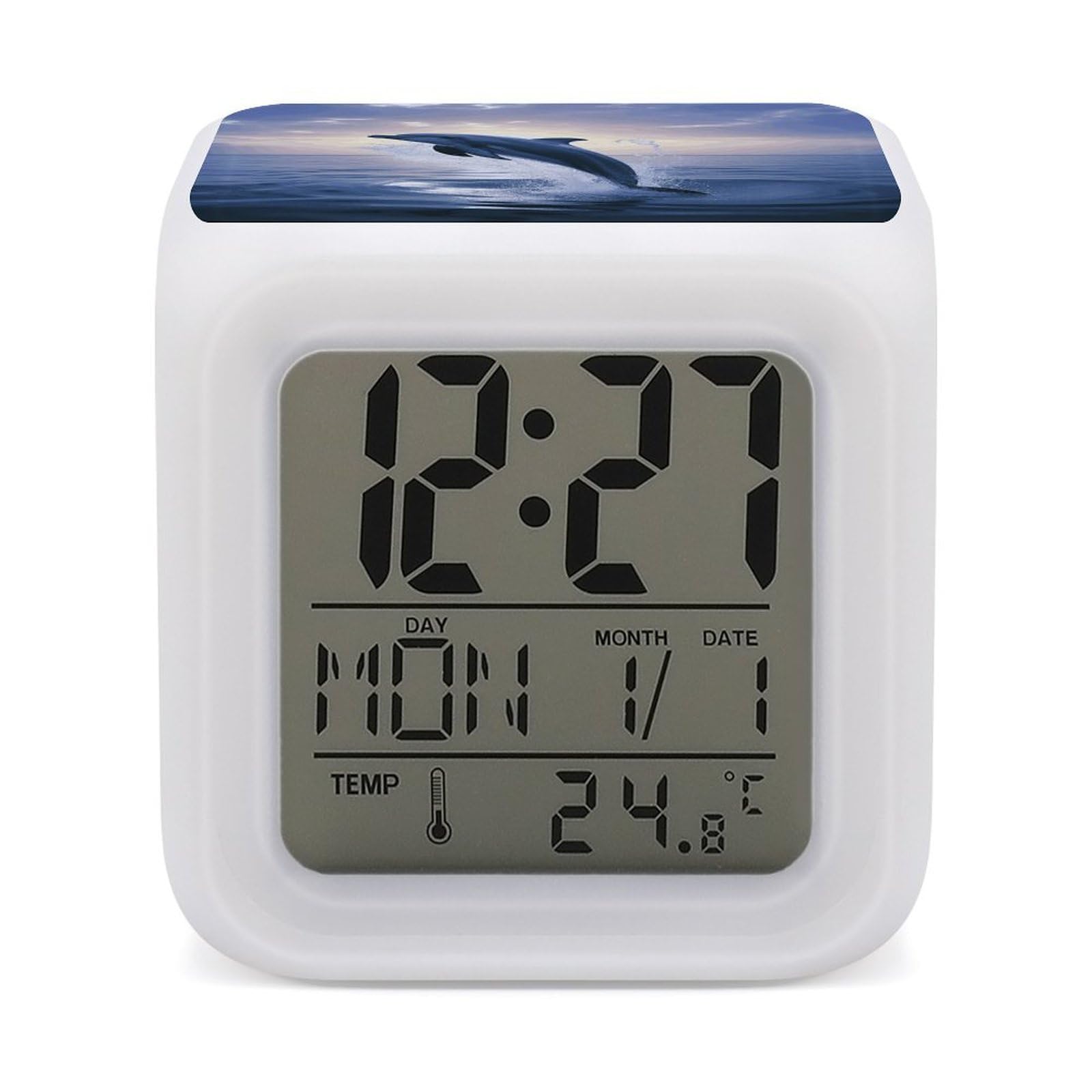 JTREHY Elegant Dolphin Alarm Clock Digital Dimmable Clock for Bedroom LED Display Screen Mini Clocks 7 Color Dimmable Night Lights Time-to-Rise Alarm Clocks for Office Living Room