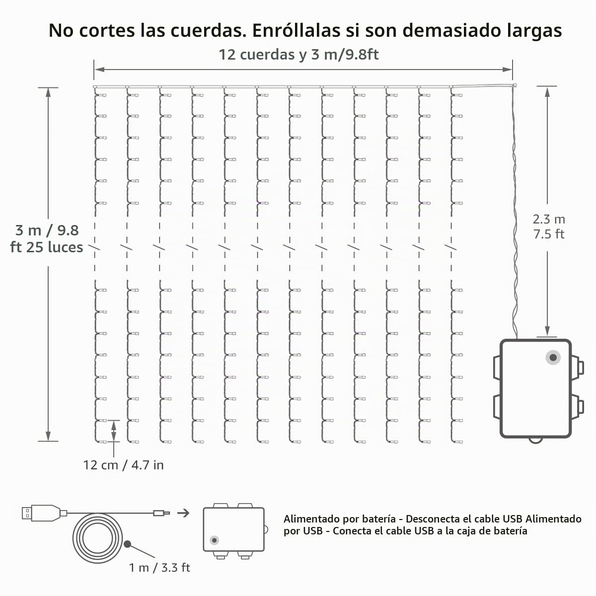 LE Cortina Luces LED 3x3m 300 LED, USB o PILAS, Cadena de Luces Blanco cálido, 8 Modos Luz, Impermeable Interior y Exterior, Luz de Hadas Intensidad Regulable, Decoración de Fiestas, Navidad, Balcón | Cadena de Luces USB o PILAS, Impermeable IP44 Interior