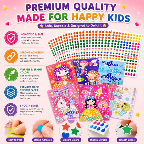 Image of PLUSPOINT Dot Sticker Art Kit for Kids, 6 Cartoon Cardboard Boards & 6 Color Sticker Sheets, DIY Mosaic Sticker Craft Activity Set, Fine Motor Skills Learning Toy, Birthday Gift for Kids Age 3+ Years