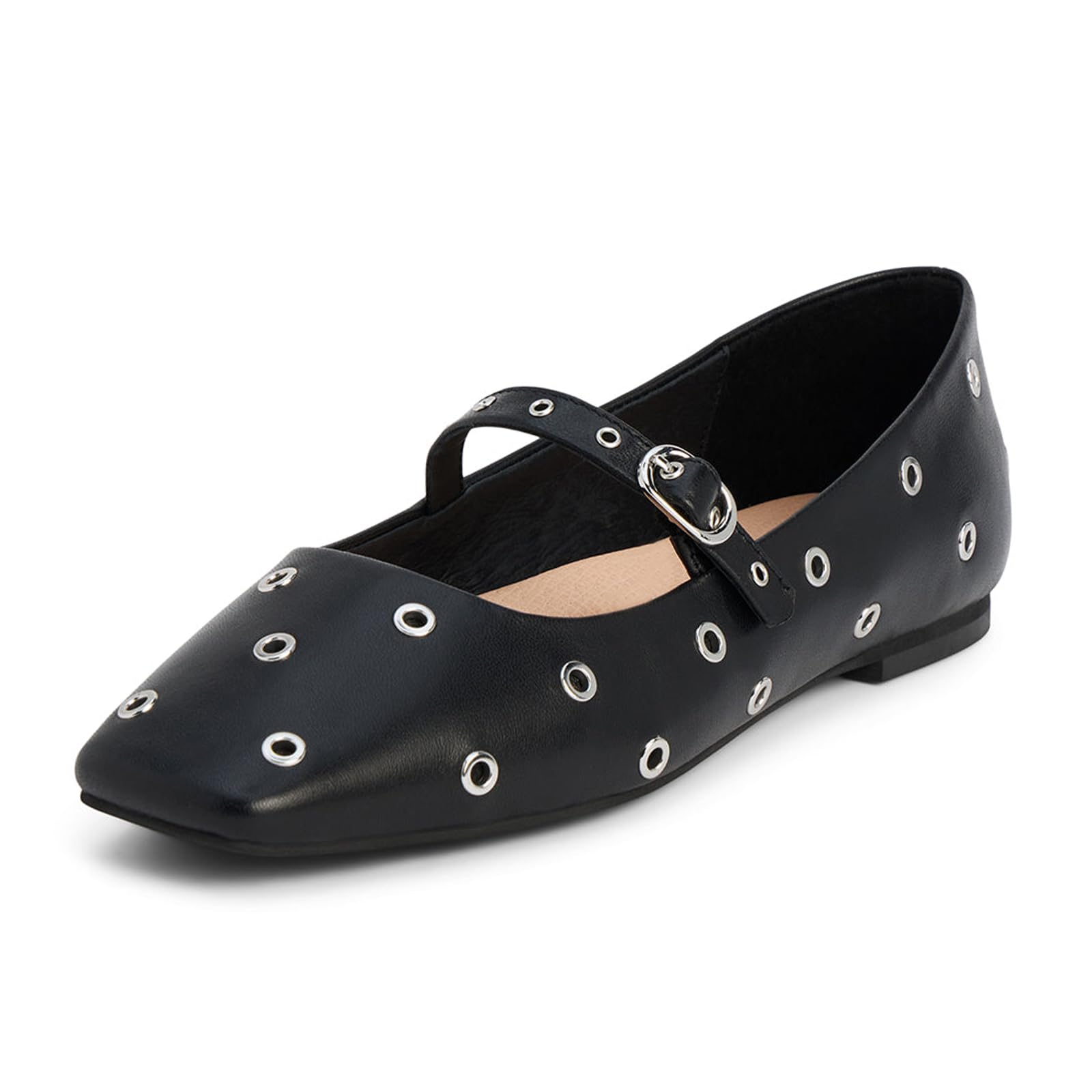 QIV Womens Ballet Flats Studded Mary Jane Flats Shoes for Women Square Toe Dress Casual Comfortable Ballerina Shoes with Buckle Strap