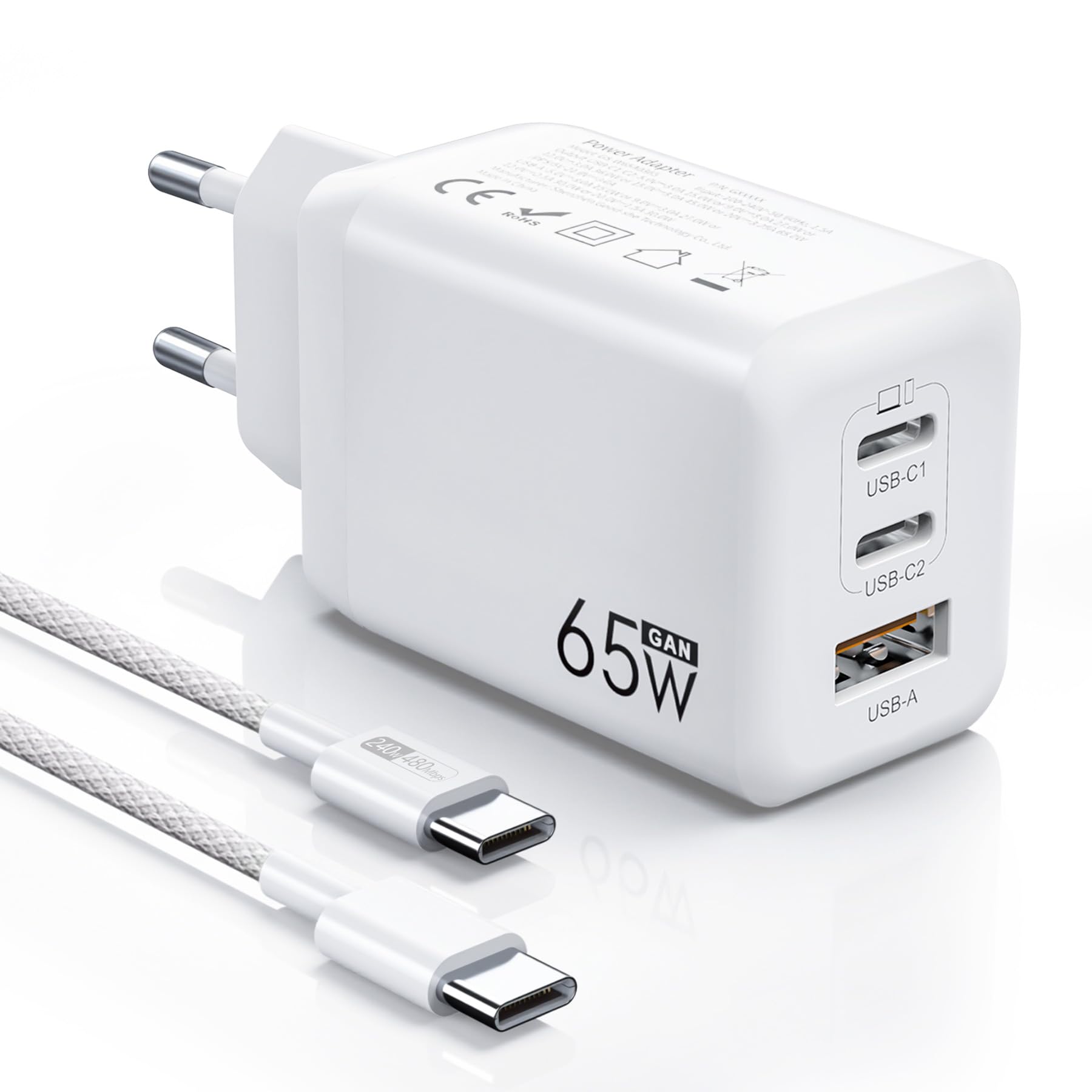 Ładowarka USB C 65 W, 3-portowa, ładowarka PD 60 W, szybkie ładowanie PPS, kompatybilna z iPhone 17/16/15, Samsung Galaxy S25/S24 Ultra, MacBook Pro/Air, iPad, Google Pixel 10/9 itd.