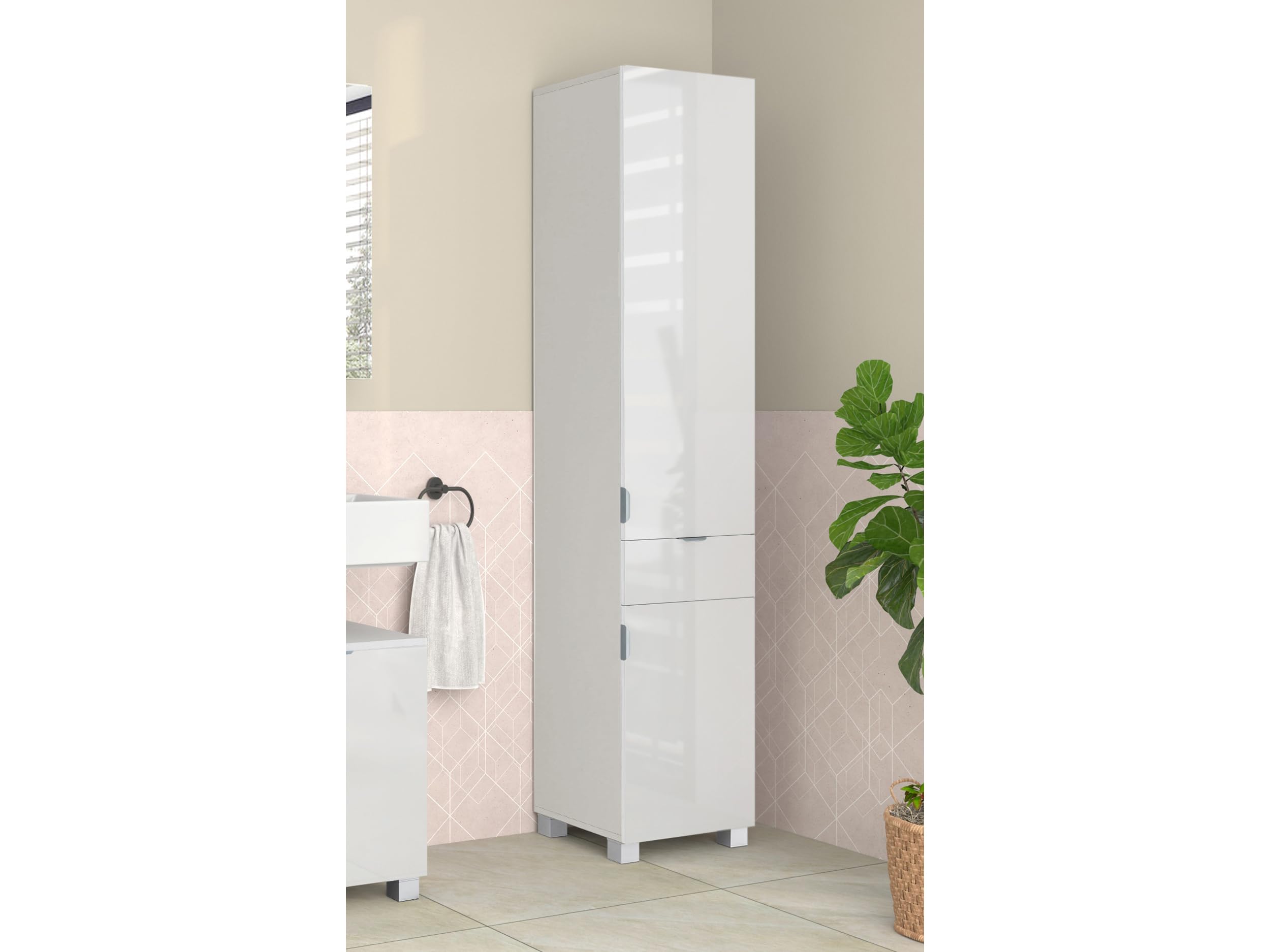 Atlas High Cabinet with 1+1 Doors and 1 Drawer in White, 36 x 118 x 38 cm (D x H x W)