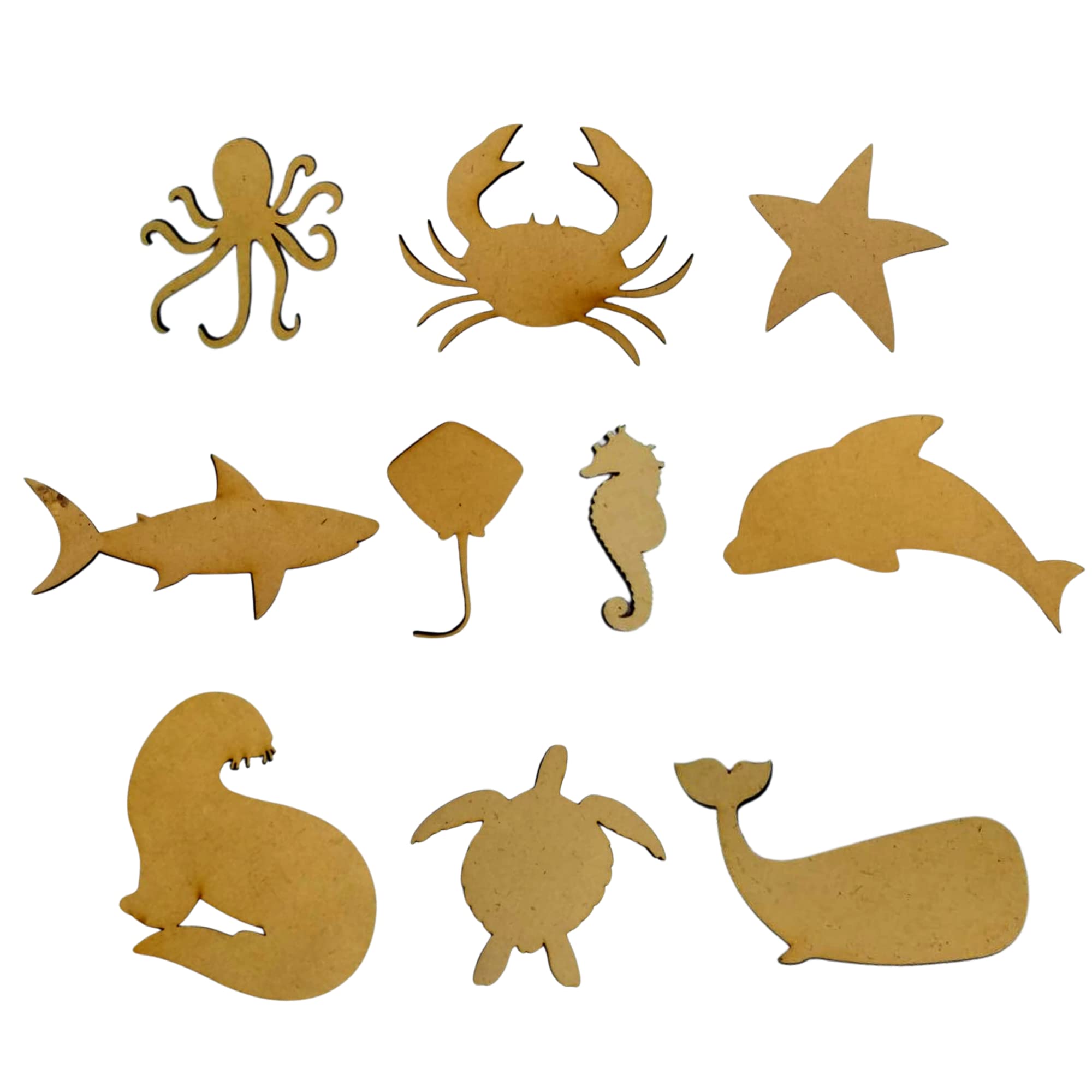 Bonjoy Wooden Sea Animals Shape Cutouts for Kids - Set of 10 (2.5", 3" and 4") Ocean-Themed MDF Cutouts for Art and Craft, Coloring, Painting, Decoupage and DIY Activities for children and adults | Aquatic and Underwater Life - Imaginative Play, Visualization, Storytelling and Learning | Gift and STEM Activity for Toddlers, Preschool, Montessori, and Early Elementary Learning
