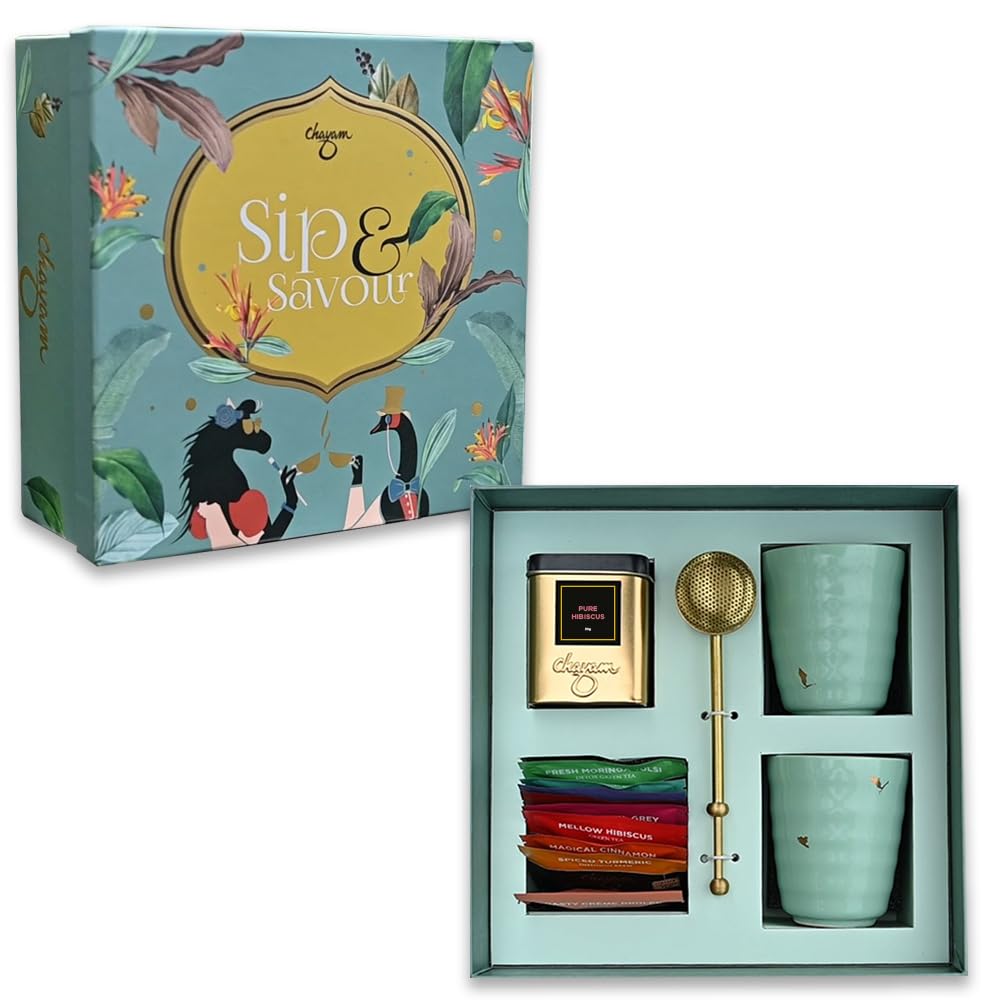 Chayam Premium Diwali Gift Hamper | 10 Assorted Tea Bags, Pure Hibiscus Herbal Tea 30g, 2 Premium Kulhad Cups & Brass Tea Infuser | Diwali Gift Box | Diwali Tea Gift Set | Gift for Family & Relatives (B0CW65DSNY) Amazon Price History, Amazon Price Tracker