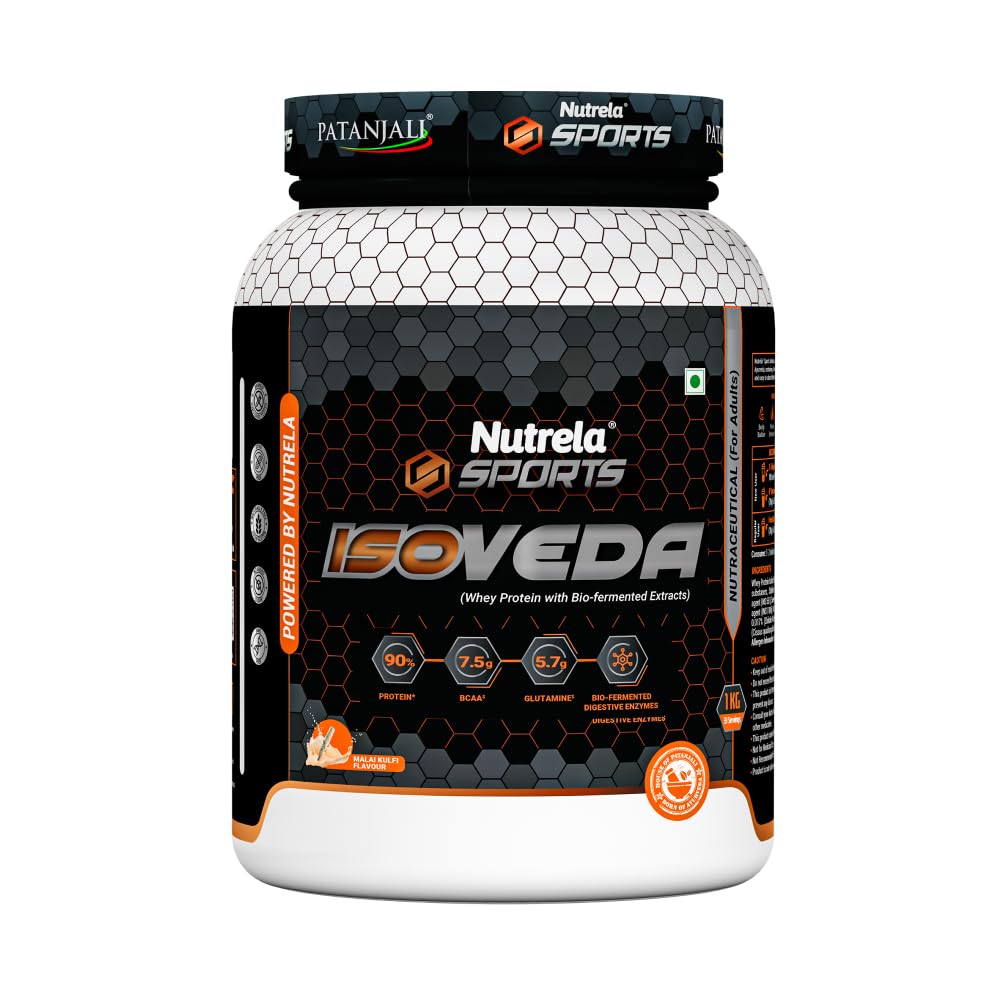 NUTRELA Sports Patanjali Premium Whey Isolate Protein Powder | 90% Protein, 7.5g BCAA, 5.7g Glutamine | 1kg – Malai Kulfi Flavour-image-35