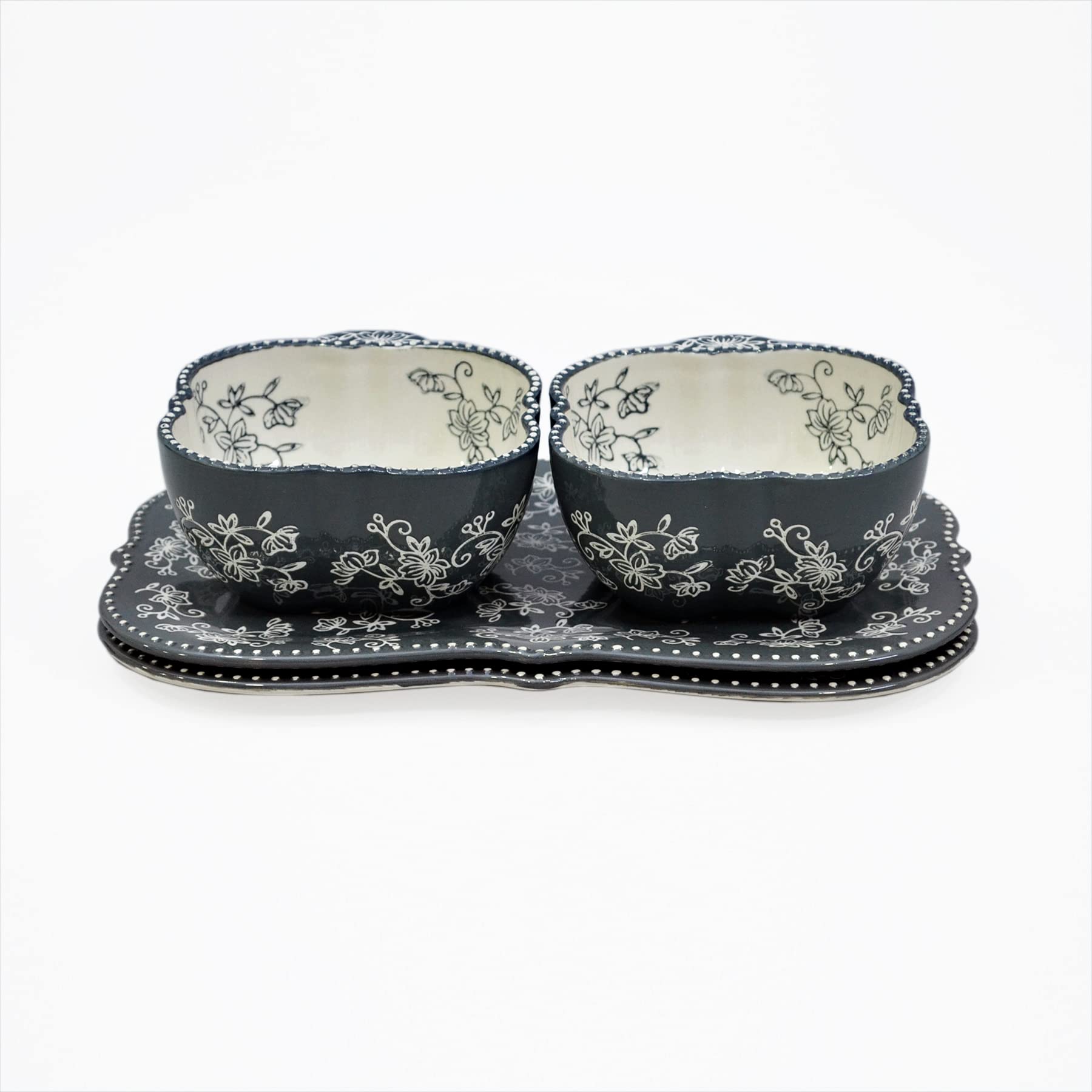temp-tationsFloral Lace Soup and Sandwich Bakeware Set of 2 - Grey - Oven Microwave Freezer Refridgerator Safe Ceramic hand painted for baking serving kitchen cooking gift appetizer