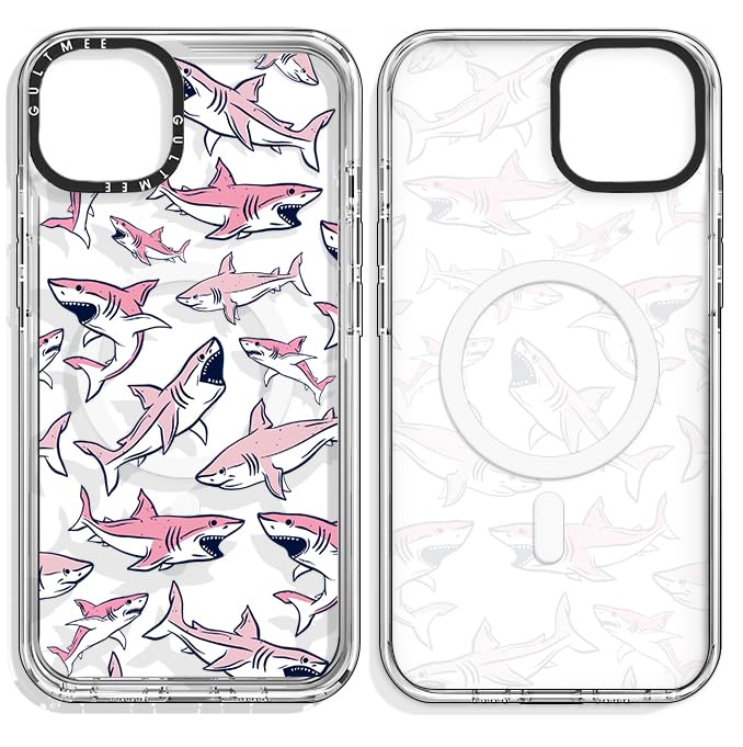 GULTMEE Magnetic for iPhone 15 Plus Case Cute Pink Sharks Print [Compatible with MagSafe][Military-Grade Drop Tested] Shockproof Protective Slim Cover