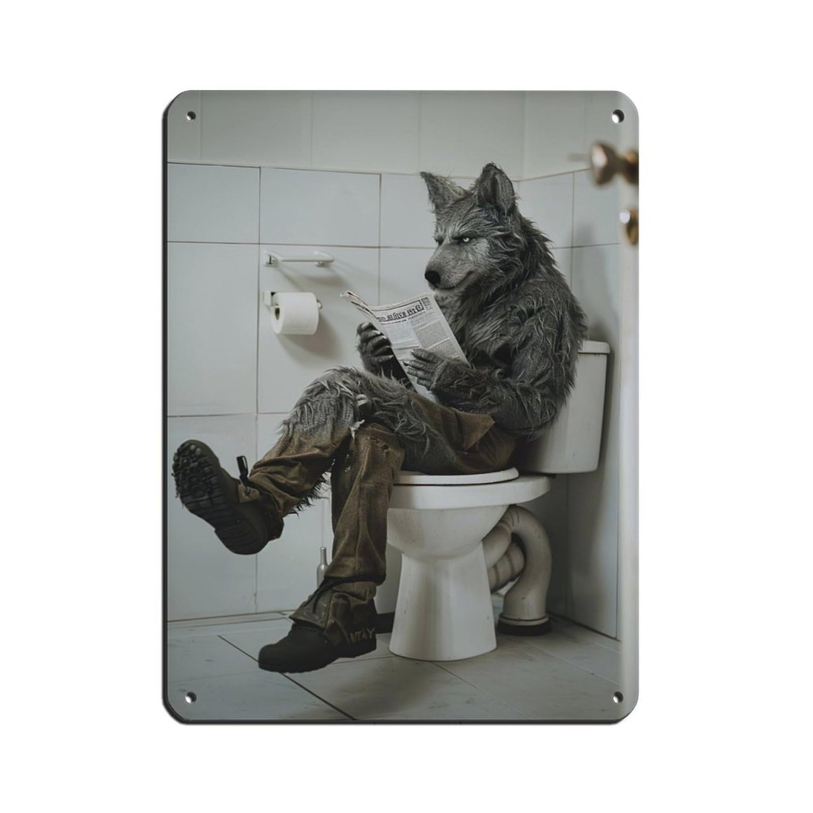 Werewolf Sitting on The Toilet Reading A Newspaper Retro Poster Metal Tin Sign Chic Art Retro Iron Painting Bar People Cave Cafe Family Garage Poster Wall Decoration 12x16inch(30x40cm)