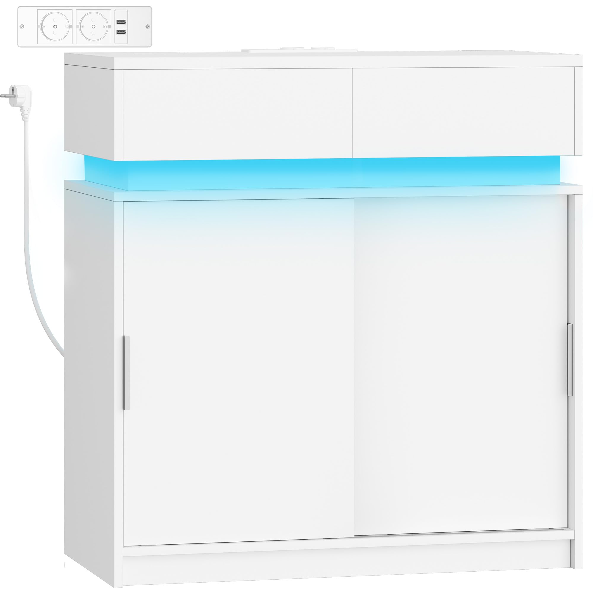 Hzuaneri Aparador, Armario de Cocina con 2 Puertas Corredizas, 2 Cajones, Regleta y Tira de Luces LED, Estantes Ajustables, Estilo Moderno, para Cocina o Salón, 40 x 80 x 85 cm, Blanco SC00203XEU