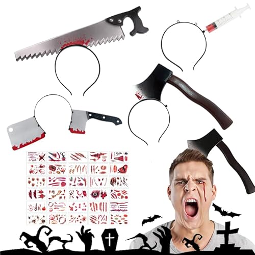 4 Pezzi di Fascia Horror per Halloween, dotate di 30 Pezzi di Adesivi Tatuaggio di Cicatrici, con Design Realistico di Coltello e Machete – Ideali per Feste di Halloween, per Bambini e Adulti.