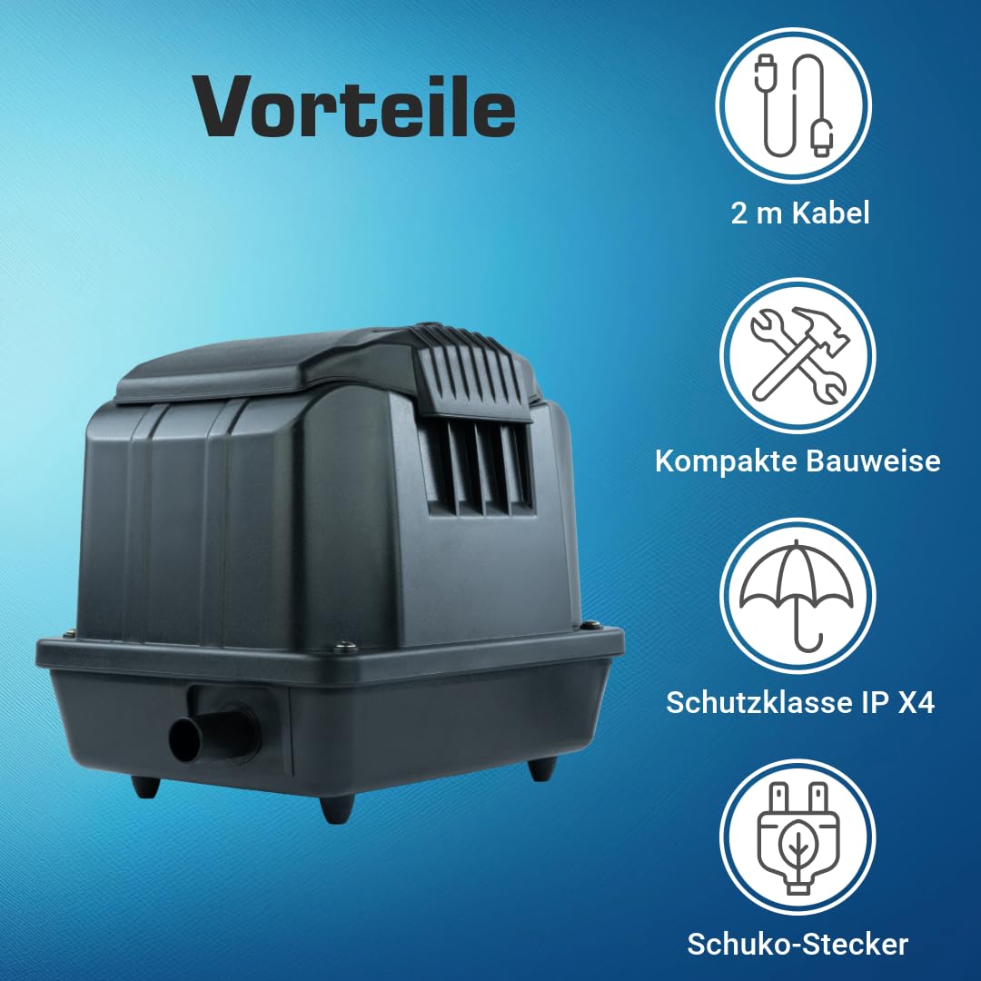 Teichbelüfter 3600 L/H stufenlos regulierbar, 35 Watt Sauerstoffpumpe für Teich, Membranpumpe 60 L/Min, Teichbelüftung, Luftpumpe Teich, Belüfterpumpe für Gartenteiche, Teichbelüftungspumpe
