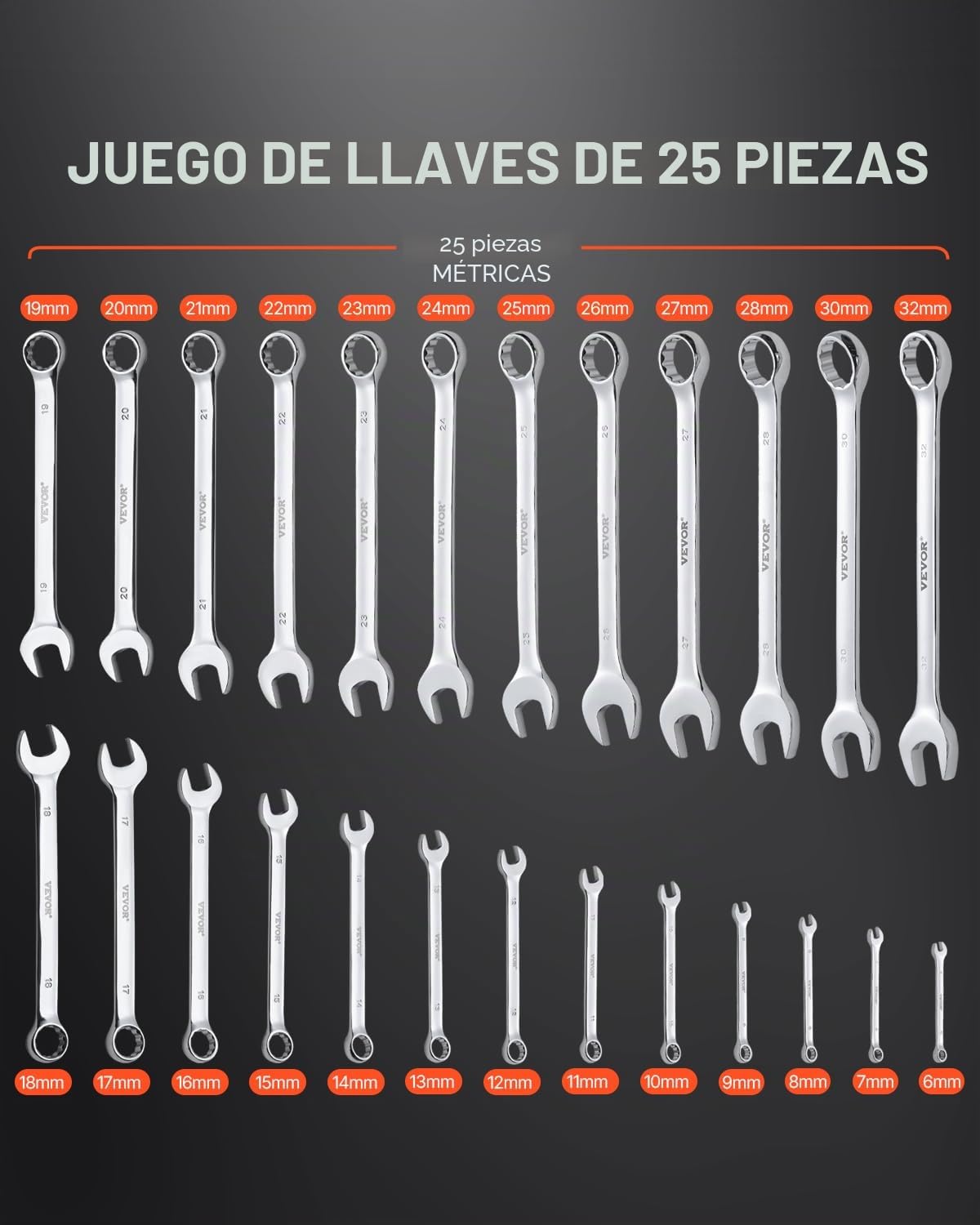VEVOR 25 PCS Juego de Llaves Combinadas, Juego de Llaves de Boca con Bolsa Enrollable, juego de Llaves Grande de Acero al Carbono Métricas de 6-32 mm para Uso Doméstico, Reparaciones de Automóviles