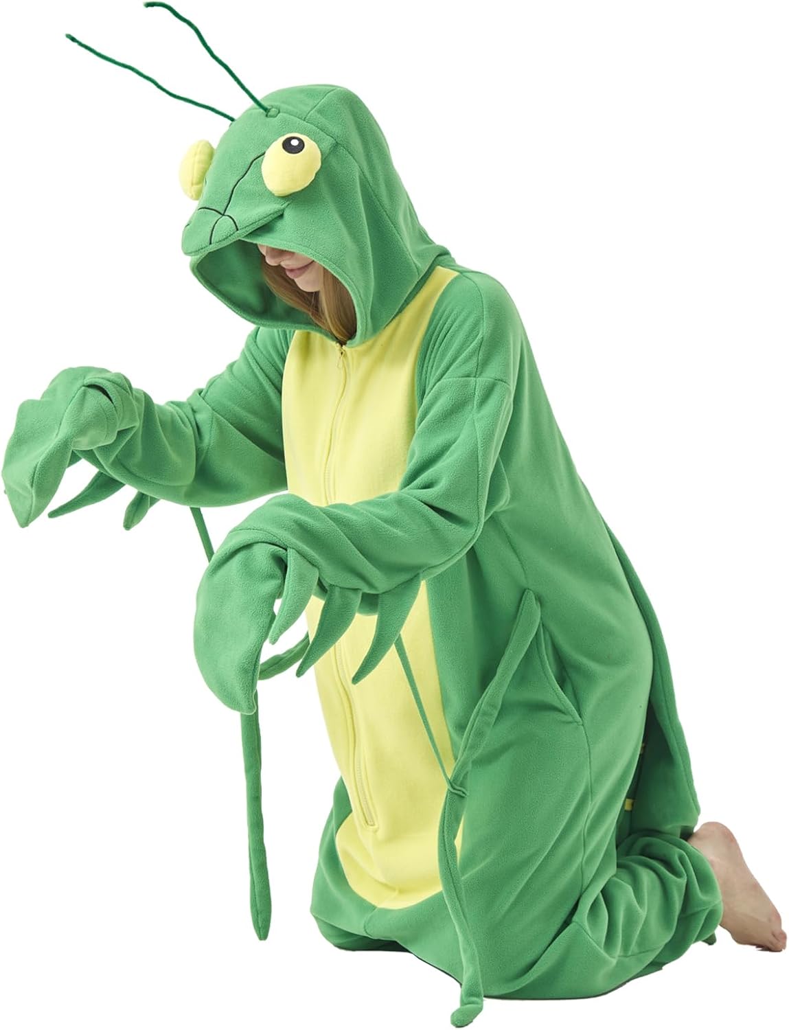 Adult Praying Mantis Onesie Pajamas Mantis Cosplay Costume Halloween One-Piece Jumpsuit for Women Men