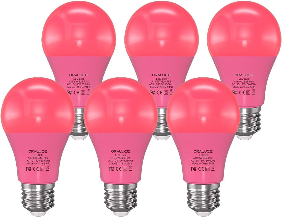 ORALUCE Pink Light Bulbs Indoor Outdoor, A19 Color Lights Bulb,Colorful E26 LED Bulb 60 Watt Non-Dimmable, for Bedroom, Lamps, Patio, Halloween, Christmas, Party, Holiday, 6 Pack
