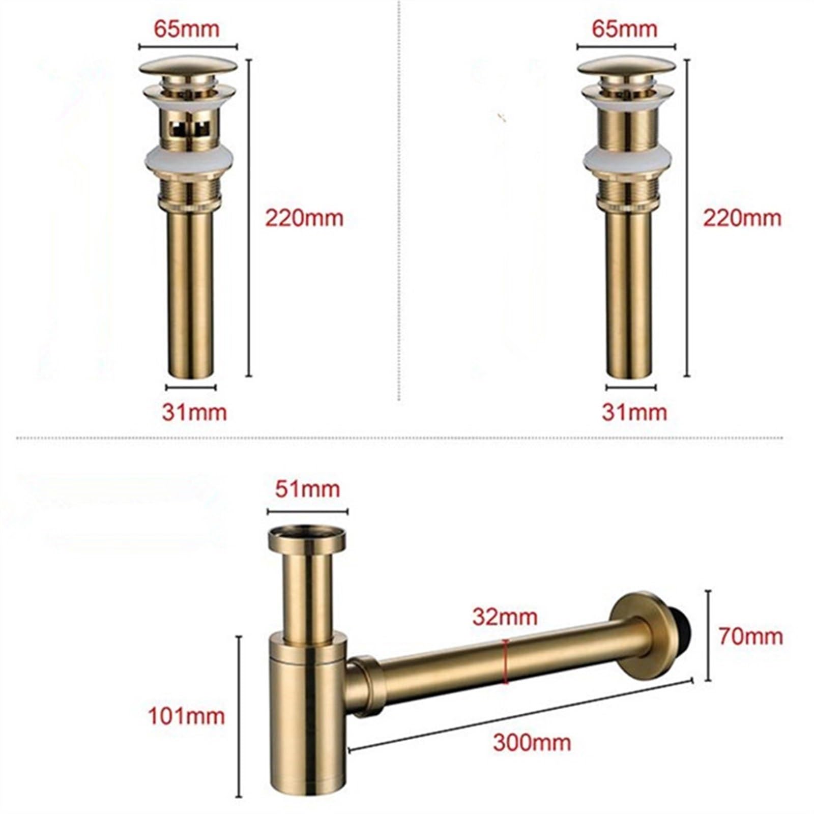 Juego de desagüe redondo de latón cepillado dorado para fregadero, sifón de cobre para baño, lavabo, sin olor, drenaje de fregadero de cocina con estante para platos, estilo 2