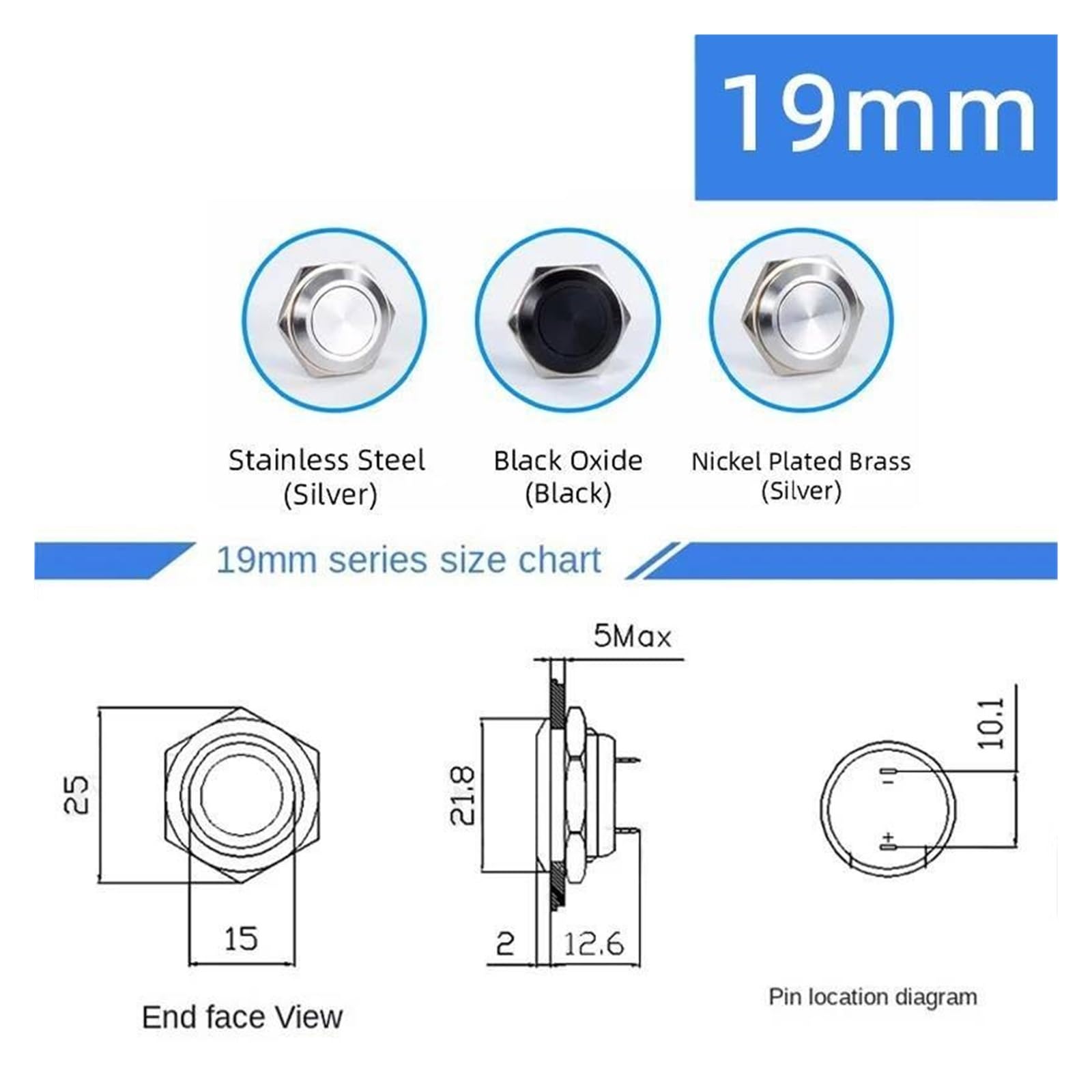 Kurzer Metall-Druckschalter 5 stücke 12/16/19/22/25/30mm Kurze Elektrische Wasserdichte Power Reset Momentary druck Mini Push Button Schalter Silber Schwarz(19mm No LED,FLAT HEAD_5PCS SILVER)