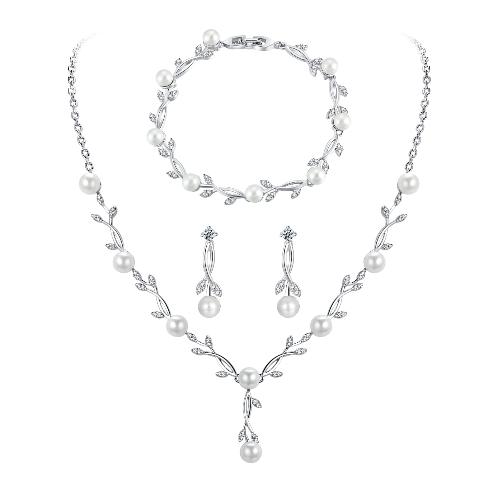 Hochzeit Schmuckset Silber Damen, Halskette Armband Ohrringe in Form eines Blattes mit Perlen und Zirkonia, Hochzeitstag Geschenke für Braut Frauen