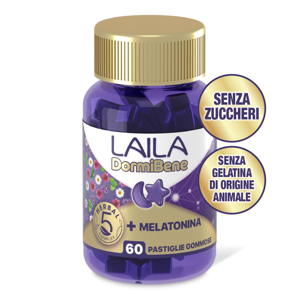 Laila DormiBene Integratore alimentare per il sonno a base di Herbal 5 Complex e Melatonina per favorire un rapido addormentamento. Confezione da 60 pastiglie gommose. Senza zuccheri