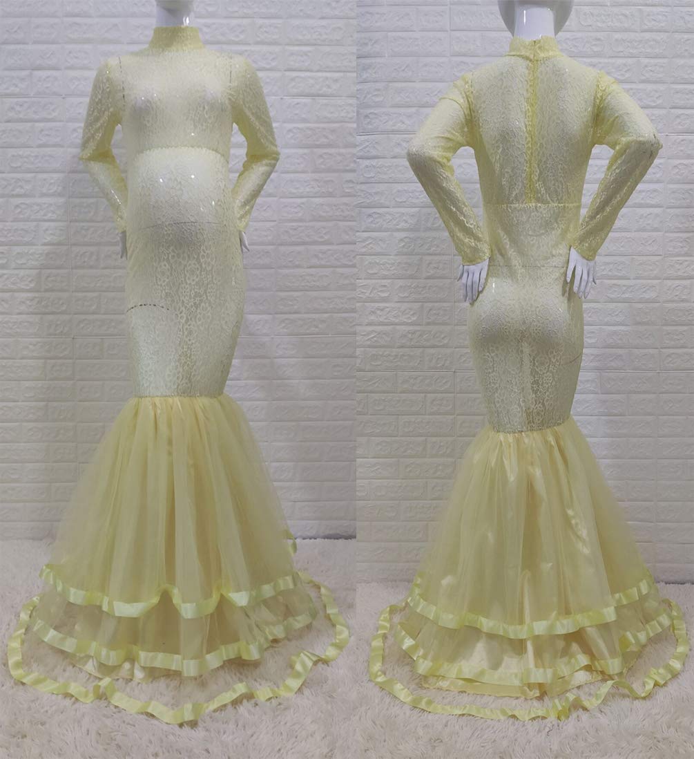 CFWSHJ Abito Premaman Elegante in Pizzo Trasparente per Servizio Fotografico Abito Maxi tutù in Tulle a Maniche Lunghe per Foto