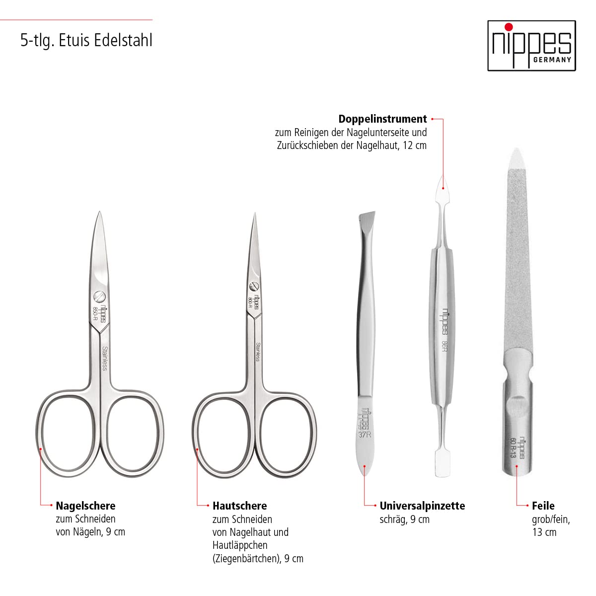 nippes Solingen Premium Line Maniküre Set Wild Red, 5-teilig, Edelstahl rost- und nickelfrei, Nagelpflege Set, Echtes Rindsleder-Etui, Maniküre Pediküre, Made in Germany | Rindsleder-Etui in Rot, handgenäht, Nagelpflege-Werkzeug, Druckknopfverschluss, han