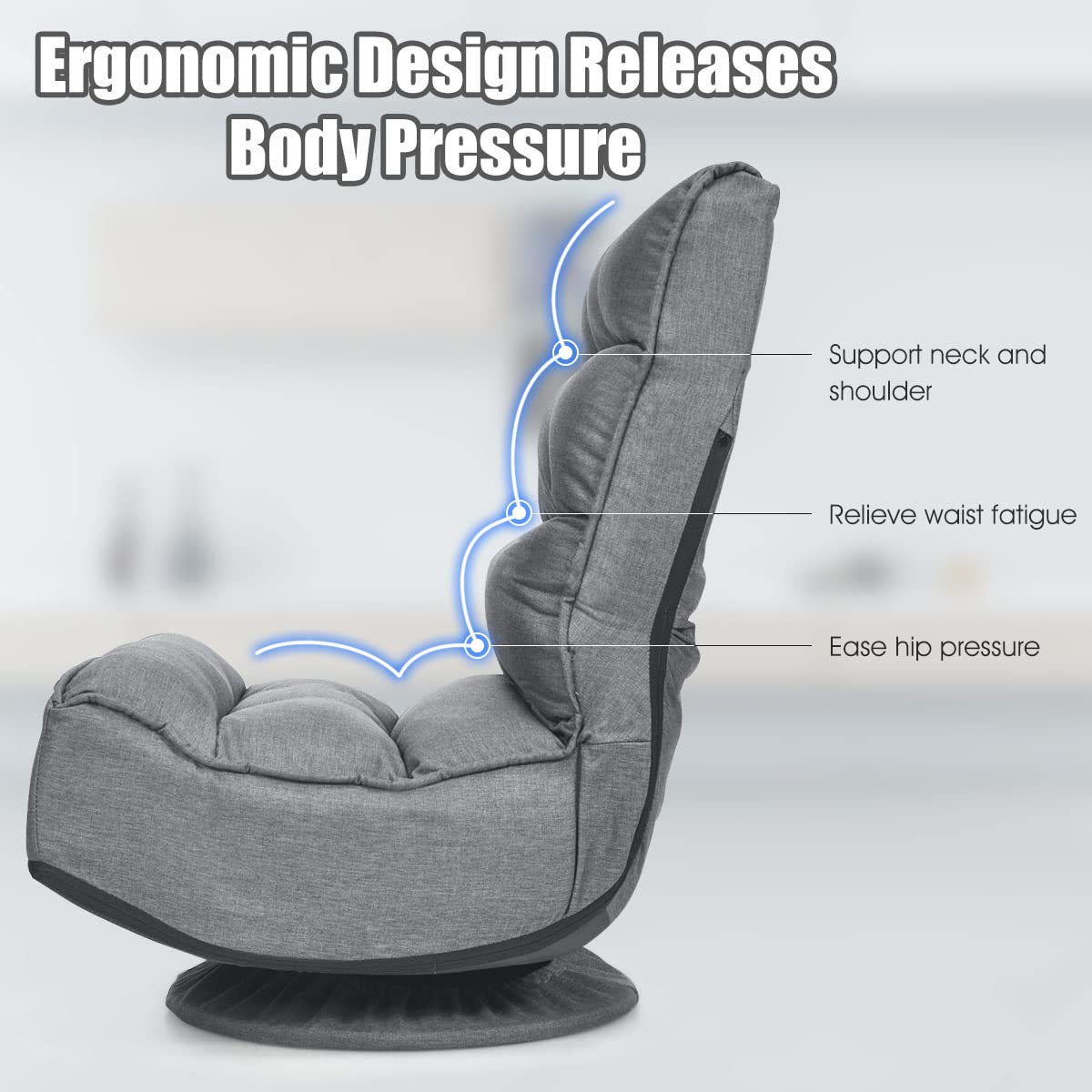 LIFEZEAL Chaise de Sol Pivotante à 360°Réglable en 5 Positions, Fauteuil Sol avec Dossier Réglable, Chaise de Méditation en Mousse, Design Pliable, Charge Maximale 150 kg (Gris)
