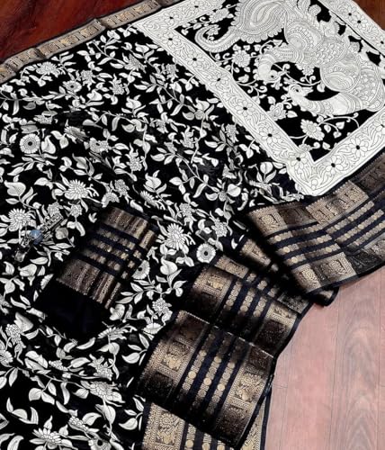 Image of SuperLaxmi Women's Floral Printed Dola Silk Saree with Blouse Piece