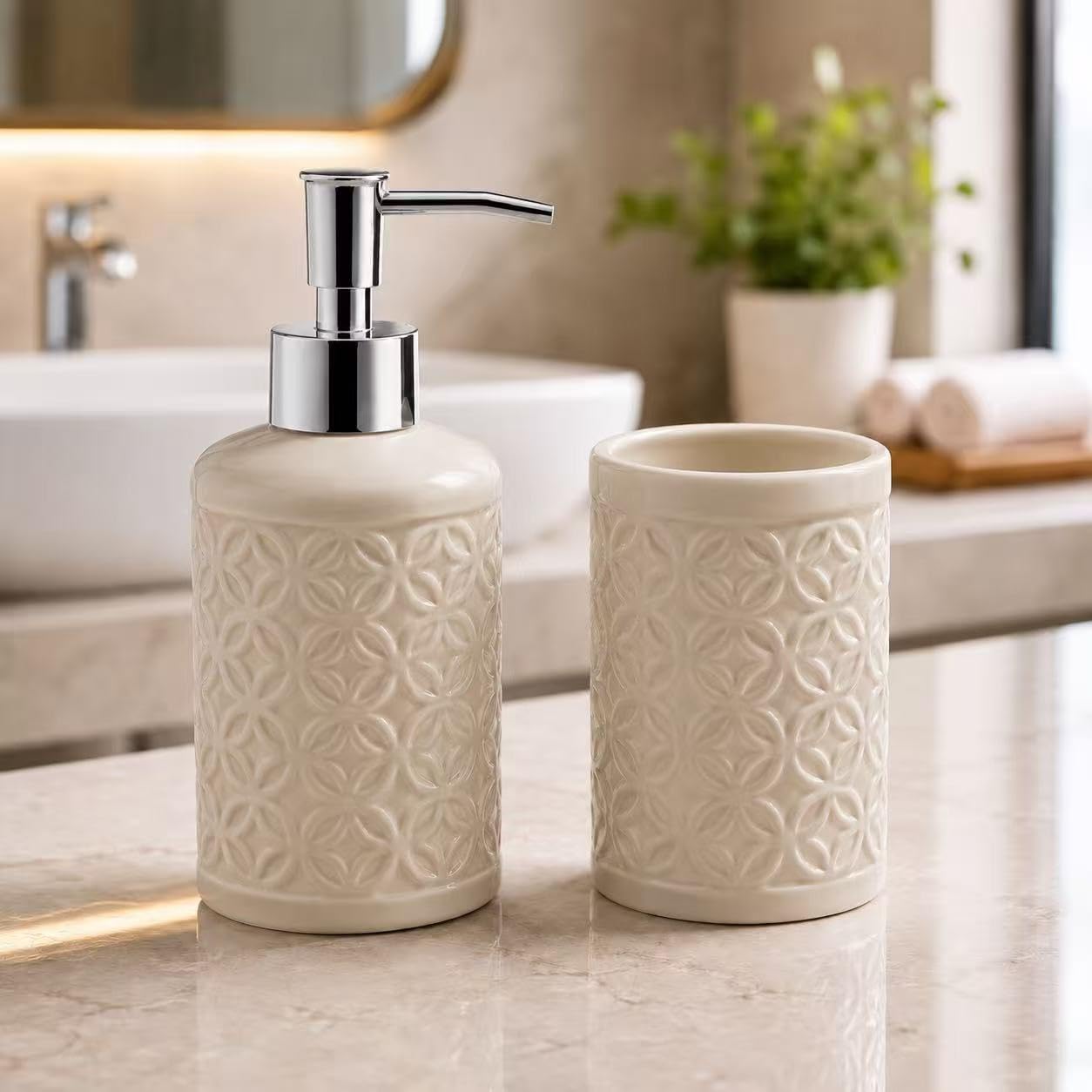 Set de Baño de Cerámica, Dispensador de Jabón y Vaso para Cepillos de Dientes, Accesorios para Baño y Lavabo, Diseño Moderno, Beige