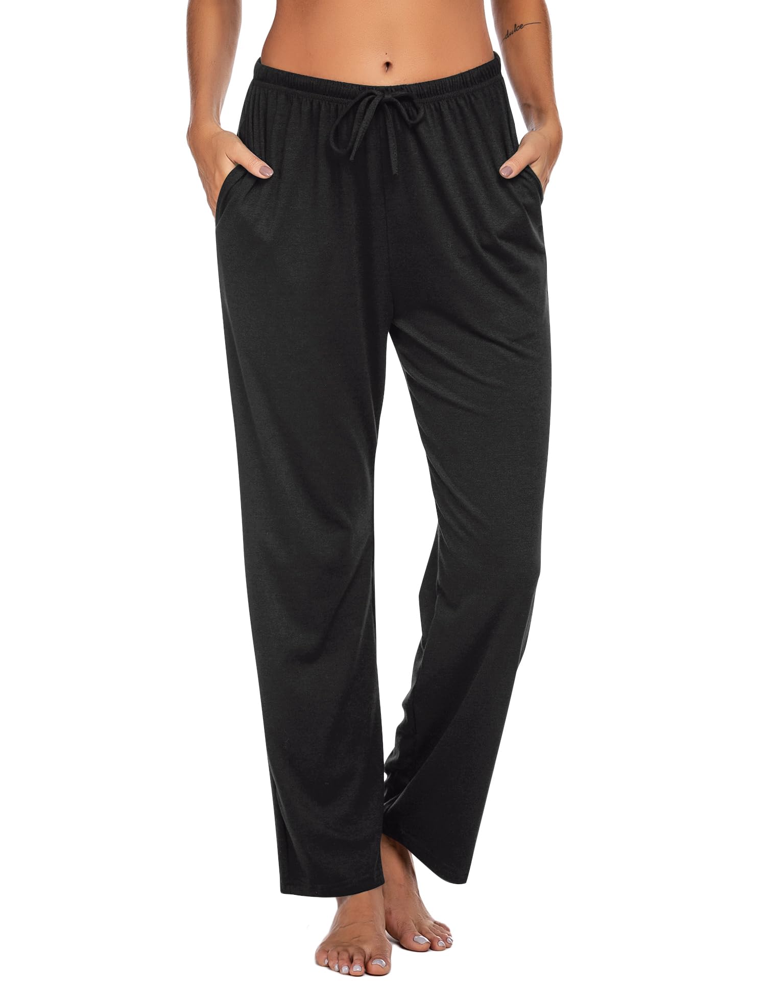 Ekouaer Women's Casual Pajama Bottoms Lounge Pants Yoga Pants Ladies Elasticated Waist Trousers, Black L