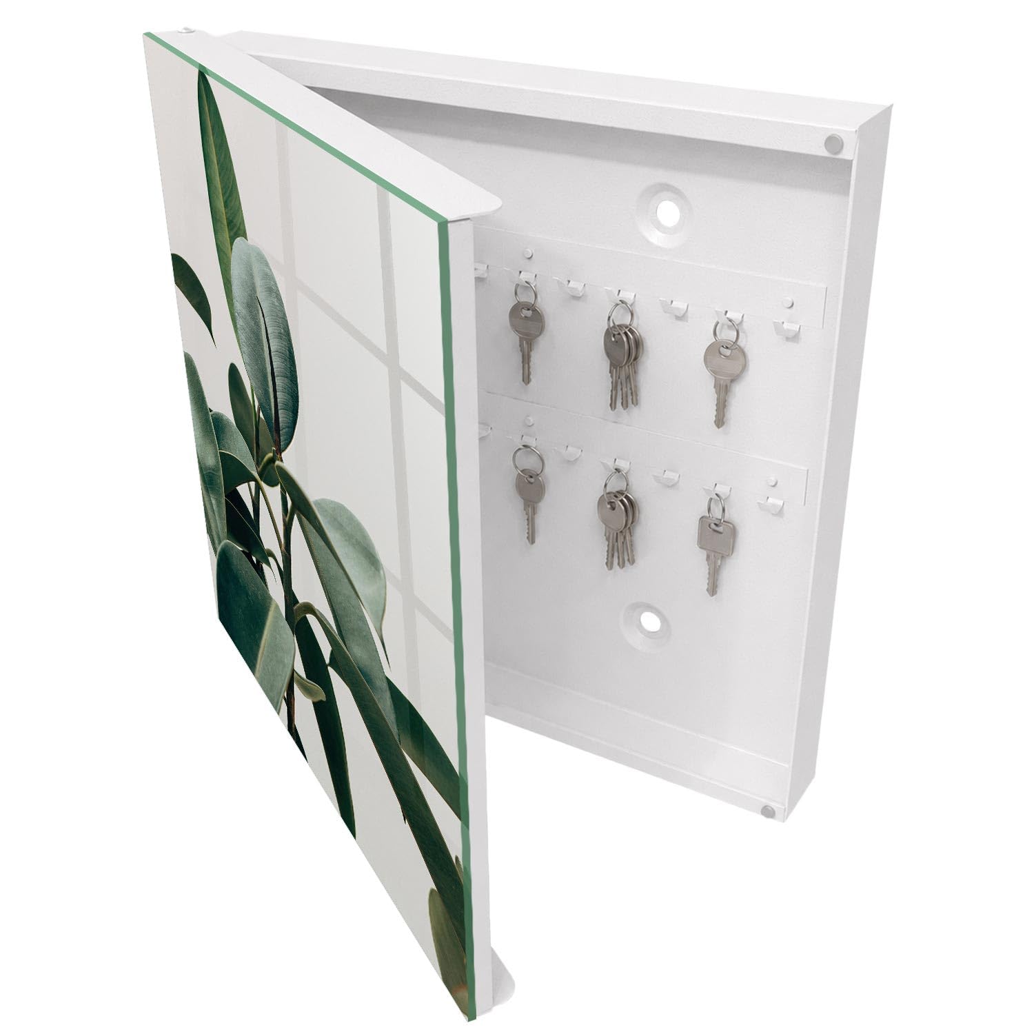 Armadietto Portachiavi 30x30 cm | Bianco | A Sinistra | Montaggio a Parete | Foglie di Ficus | Frontale Decorativo in Vetro Temperato | per Uffici | in Metallo | Tasselli e Viti Inclusi