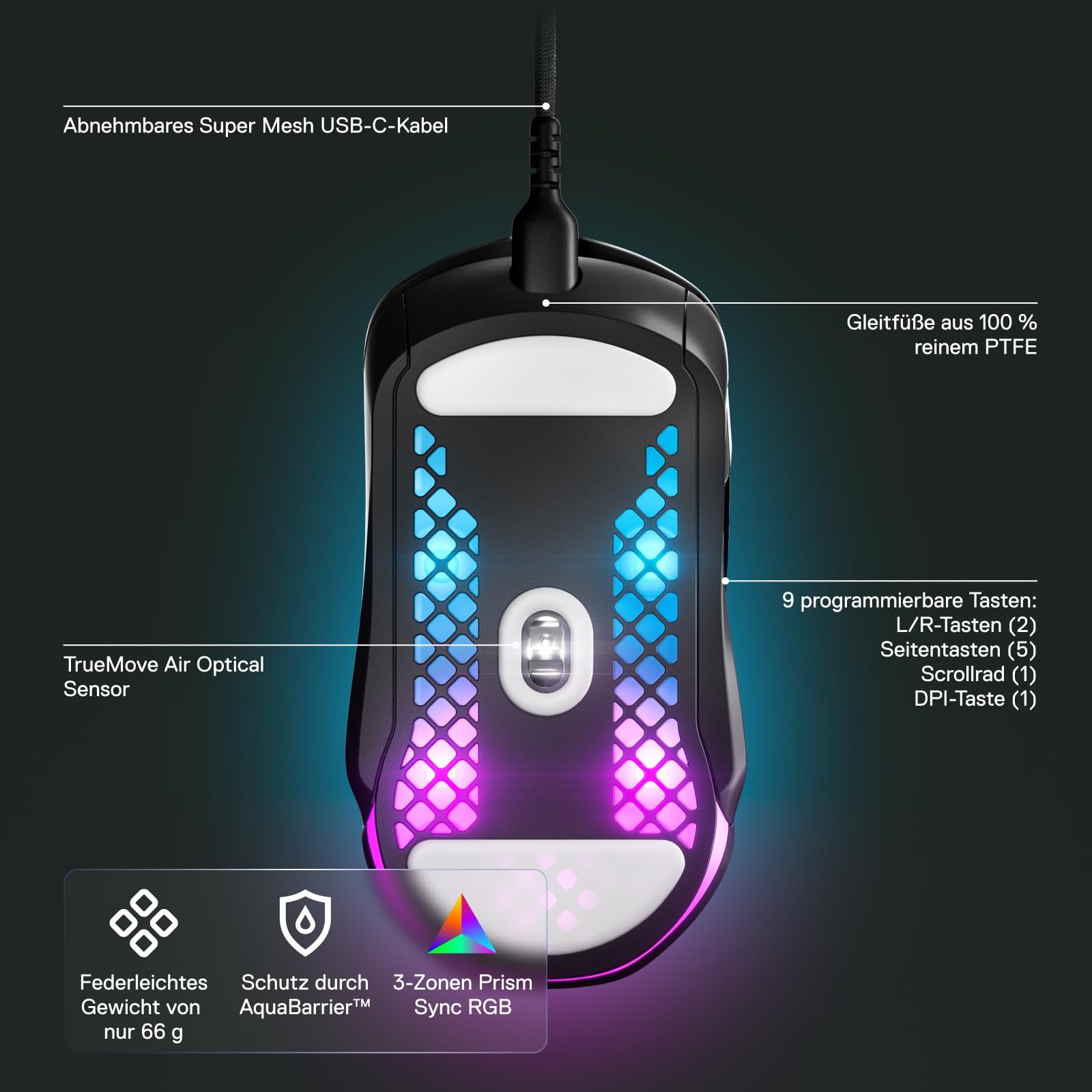 SteelSeries Aerox 5 RGB Gaming-Mouse TrueMove Air-Sensor 18.000 DPI wasserabweisend