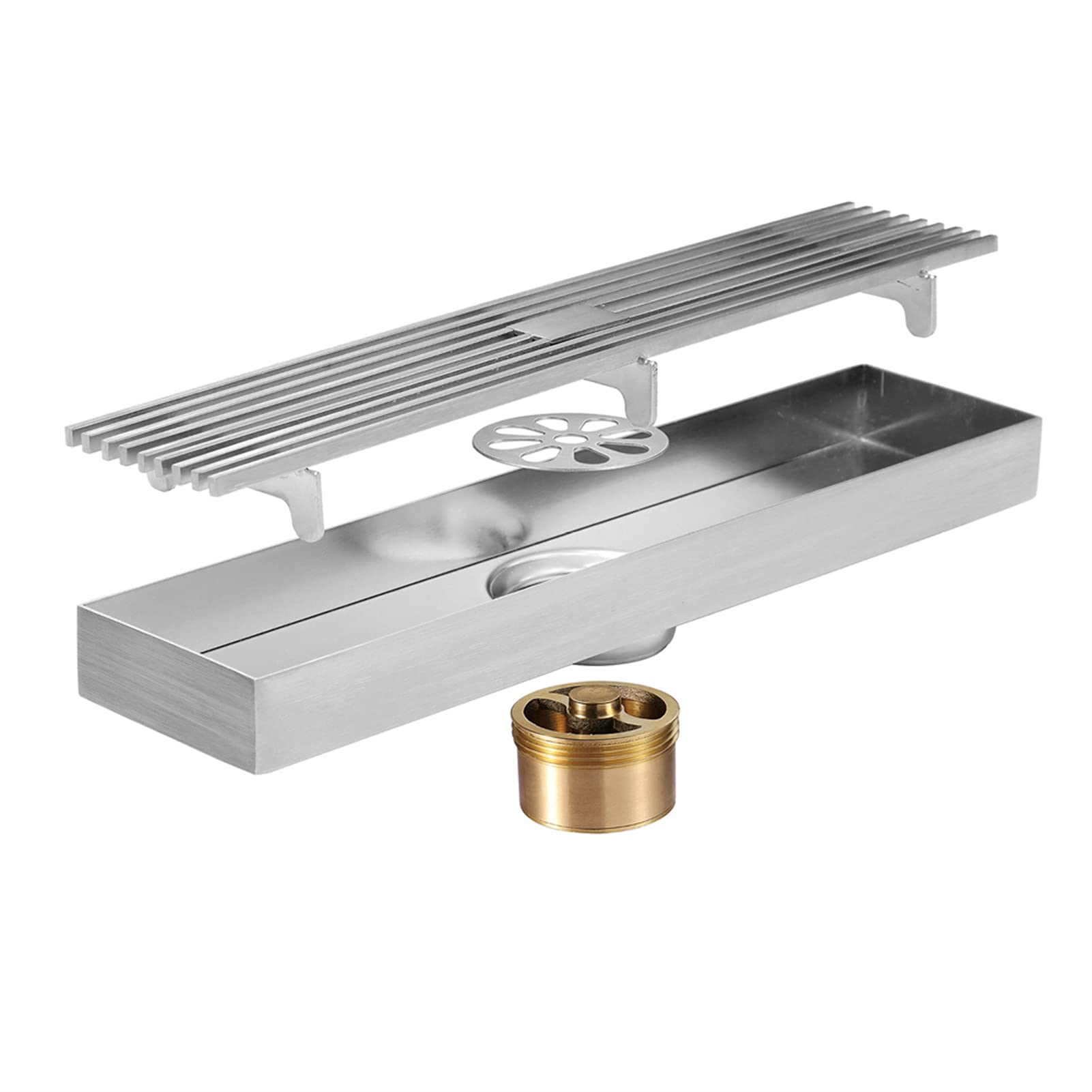 Scarico doccia lineare 30 cm, Scarico doccia con griglia rimovibile, Filtro per capelli, Scarico doccia rettangolare in acciaio inossidabile, Scarico a pavimento per bagno,Brushed nickel
